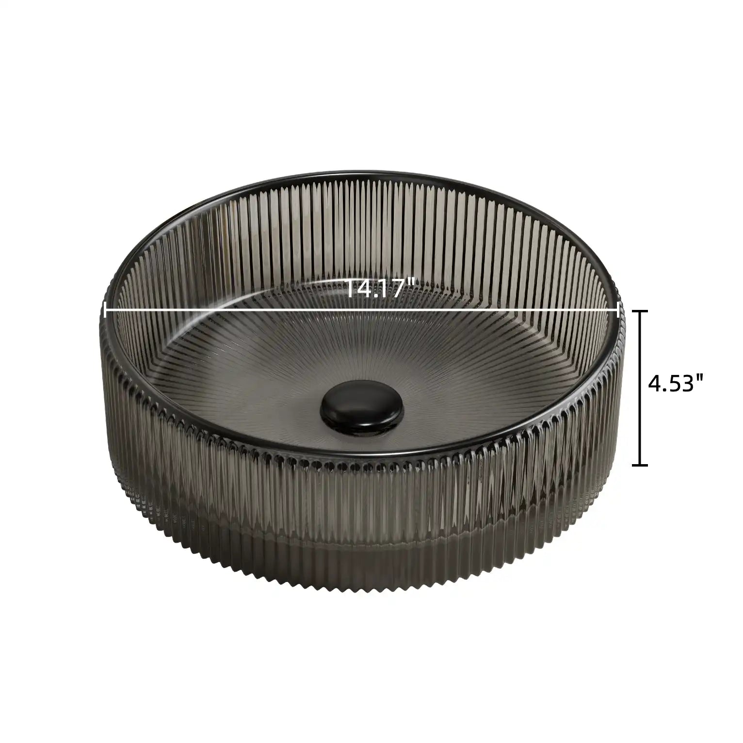 14 inch black bathroom sink with ribbed glass texture shown with height and width measurements | Ace Decor