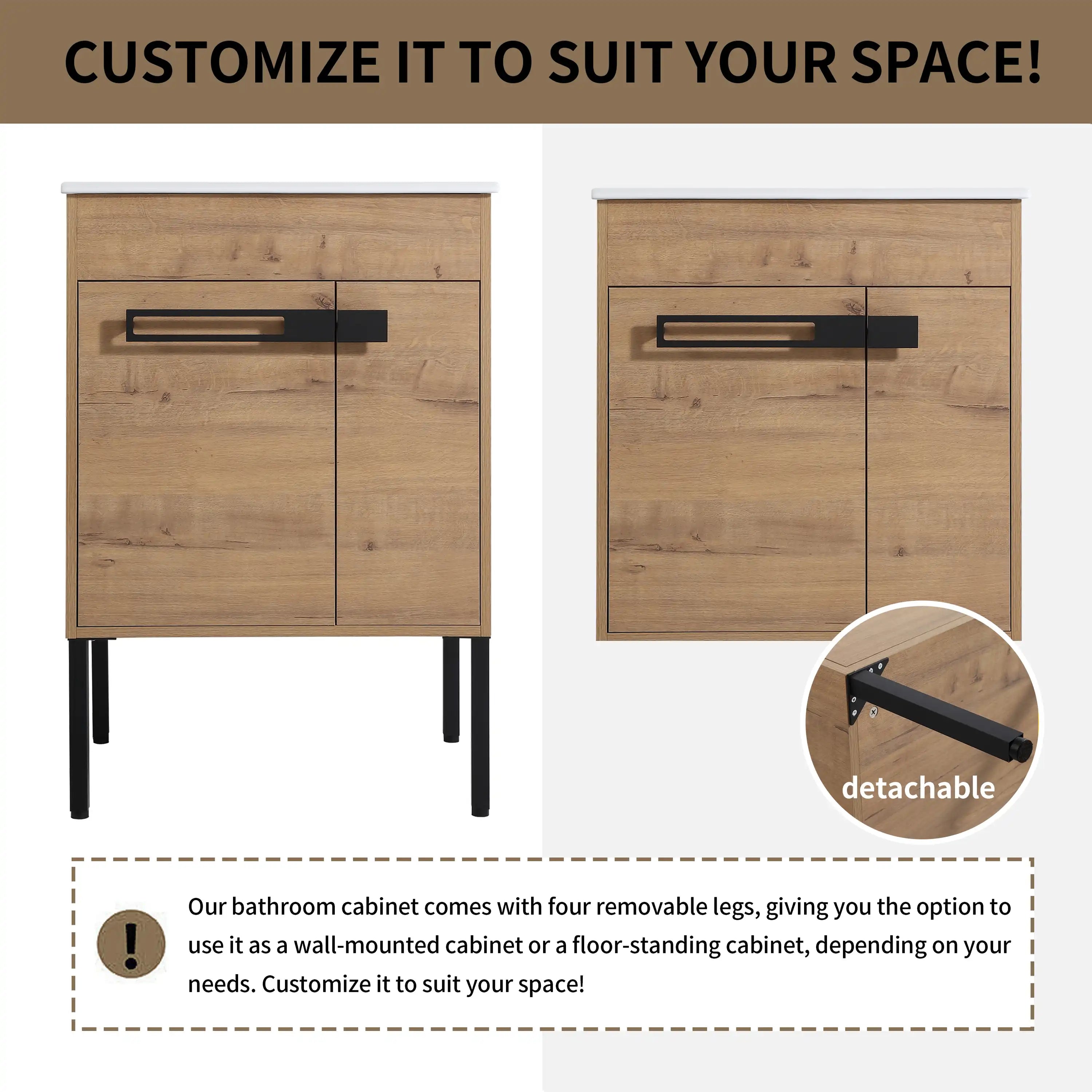 24" freestanding bathroom vanity with sink featuring removable metal legs for freestanding or wall-mounted installation.