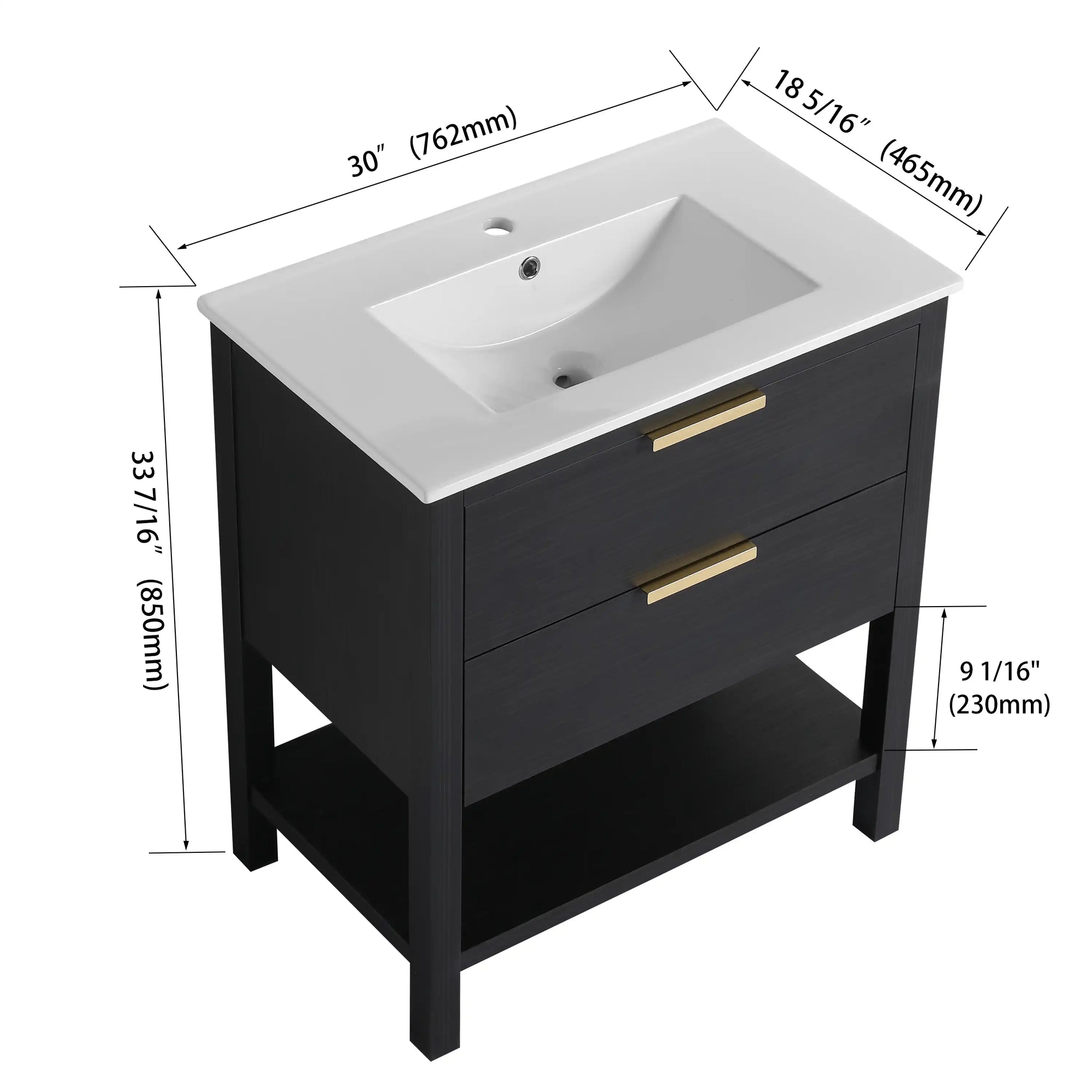 30" black vanity bathroom with white integrated sink, freestanding cabinet dimensions view | Ace Decor
