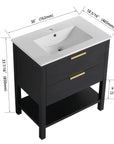 30" black vanity bathroom with white integrated sink, freestanding cabinet dimensions view | Ace Decor