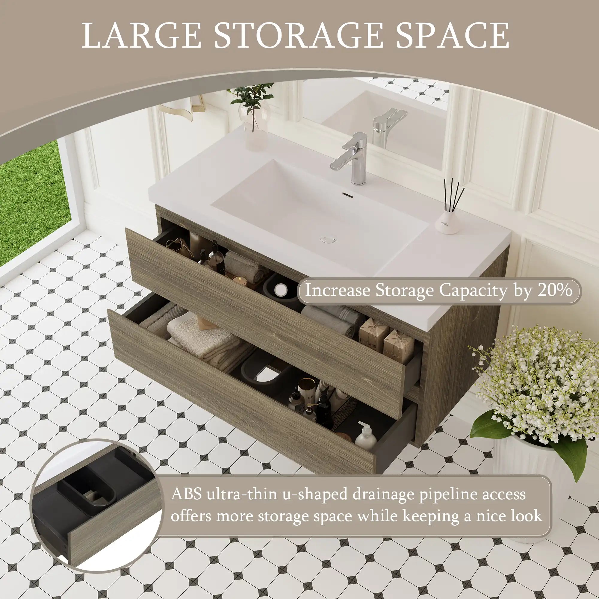 Oakmere Series 42" Ash Grey Bathroom Floating Vanity with Resin Sink &amp; 2 Soft-Close Drawers