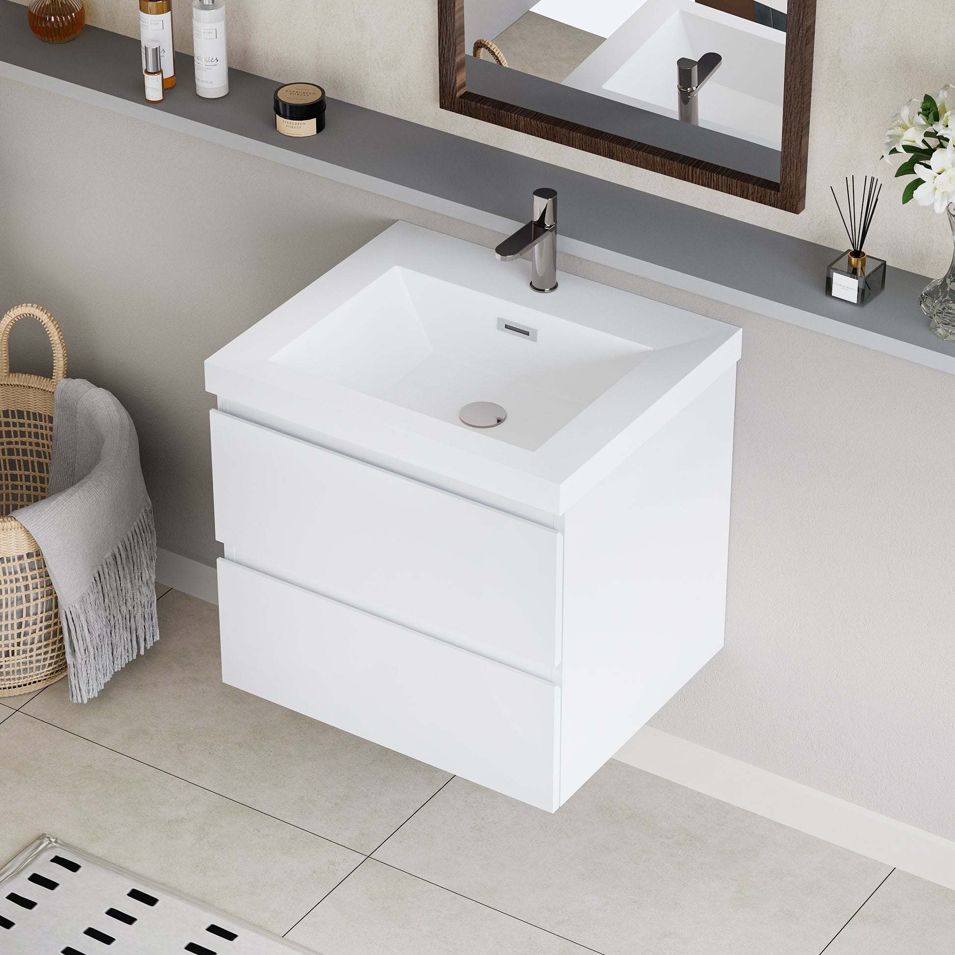 Floating Bathroom Vanity with Resin Top Basin & Soft Close Drawers - Modern Wall-Mounted Storage Cabinet color: White