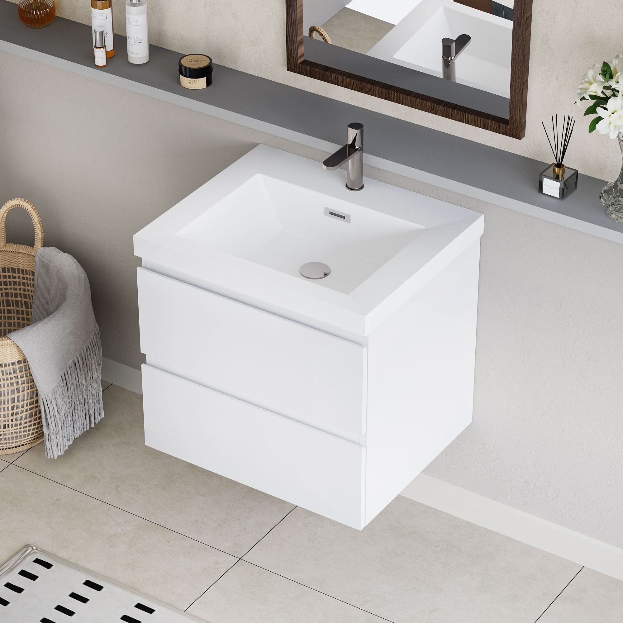 Floating Bathroom Vanity with Resin Top Basin &amp; Soft Close Drawers - Modern Wall-Mounted Storage Cabinet color: White