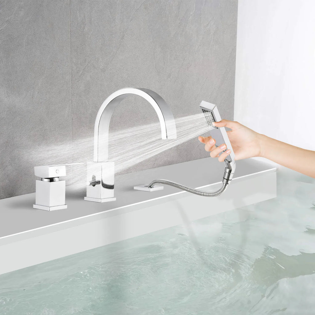 FLUNIX Chrome Waterfall Roman Tub Faucet with handheld shower in use.