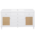 A stylish white bathroom vanity with a rectangular sink, rattan-accented cabinet doors, and multiple storage drawers. |ACE DECOR