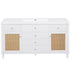 A stylish white bathroom vanity with a rectangular sink, rattan-accented cabinet doors, and multiple storage drawers. |ACE DECOR