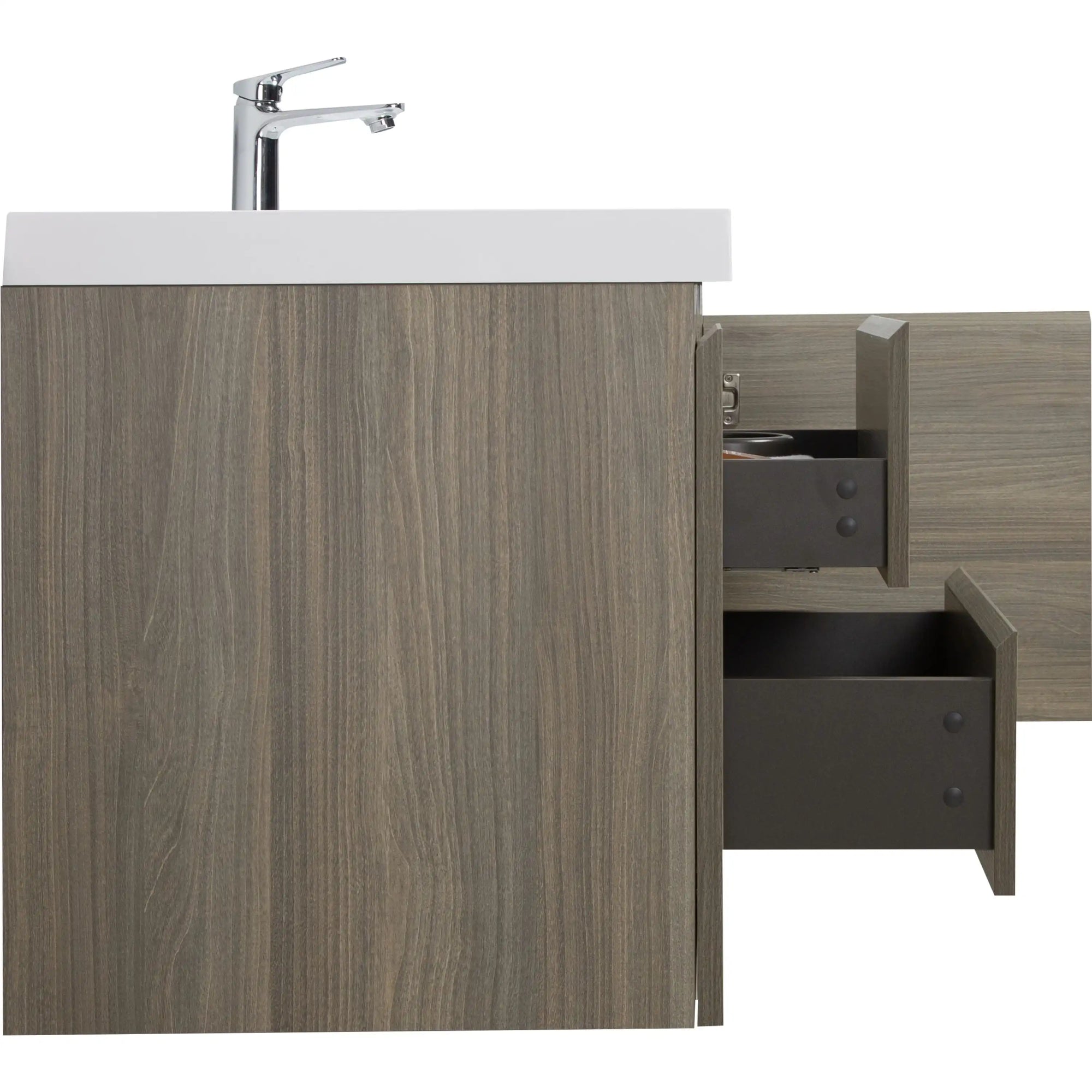 59 inch vanity single sink in ash grey with floating wall-mounted design and smooth white integrated basin | Ace Decor
