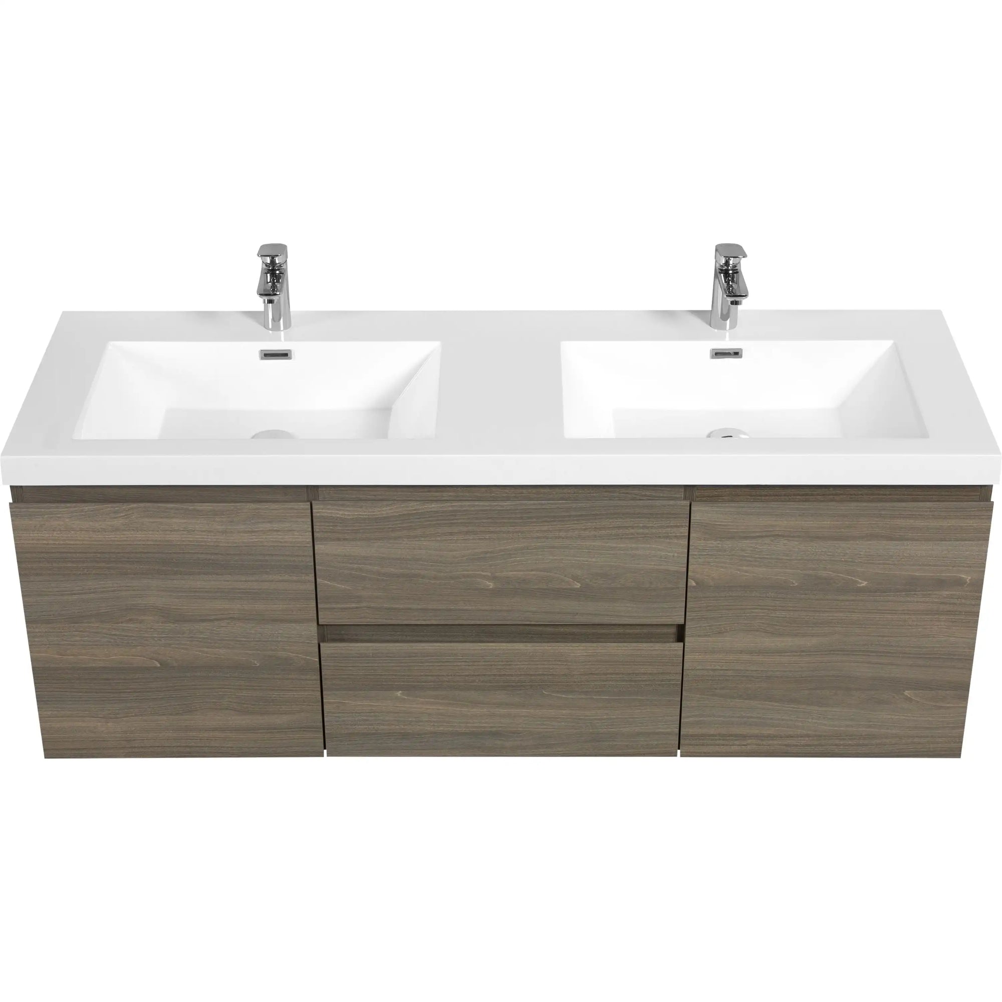 Front view of 59 inch double sink vanity showing dual basins and modern ash grey finish | Ace Decor