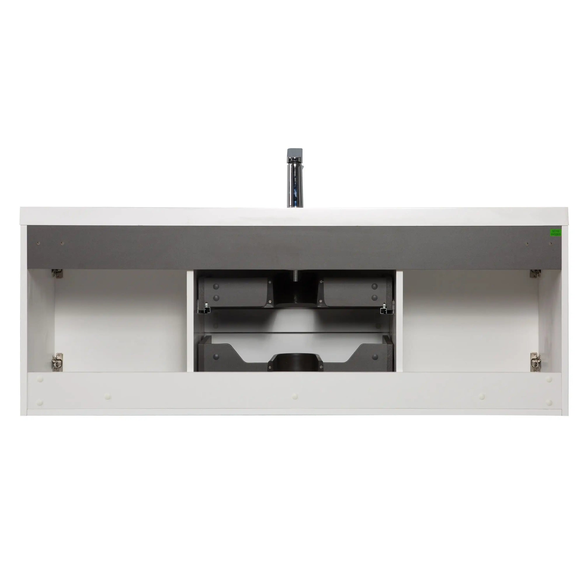 59 inch bathroom vanity showing rear interior structure and plumbing clearance for wall-mounted installation | Ace Decor