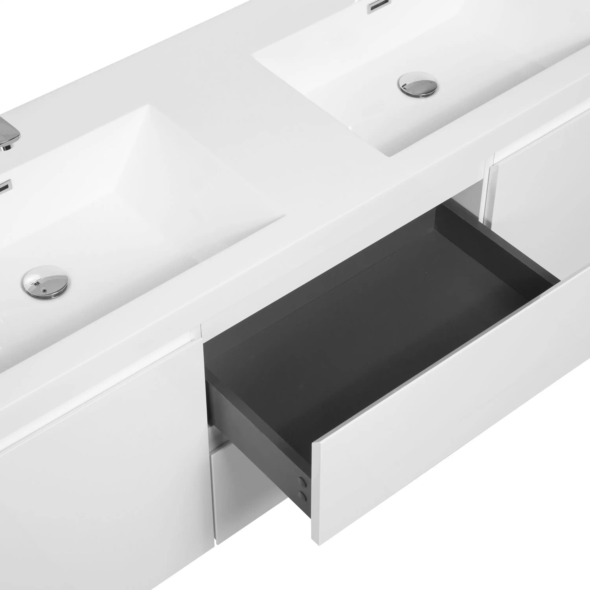 59 inch double sink vanity featuring deep storage drawer beneath dual sinks for organized bathroom storage | Ace Decor