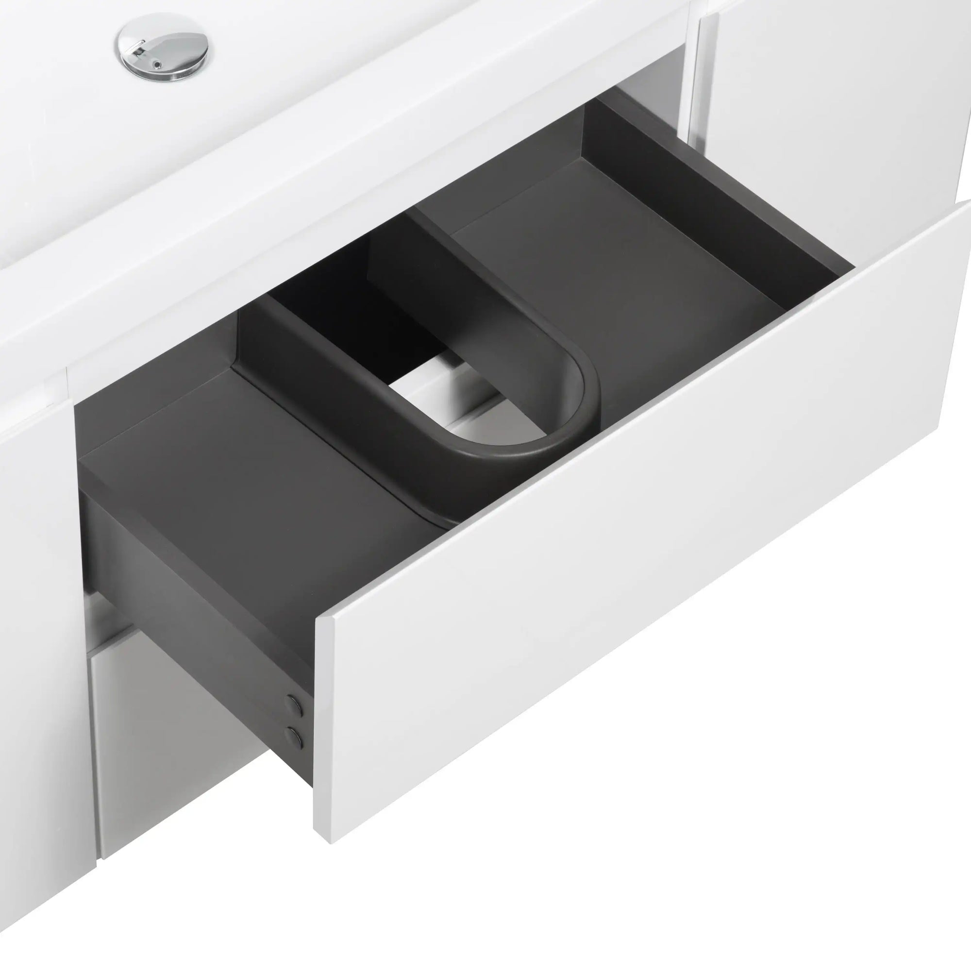 48 inch white floating bathroom vanity with spacious U-shaped drawers maximizing interior space | Ace Decor