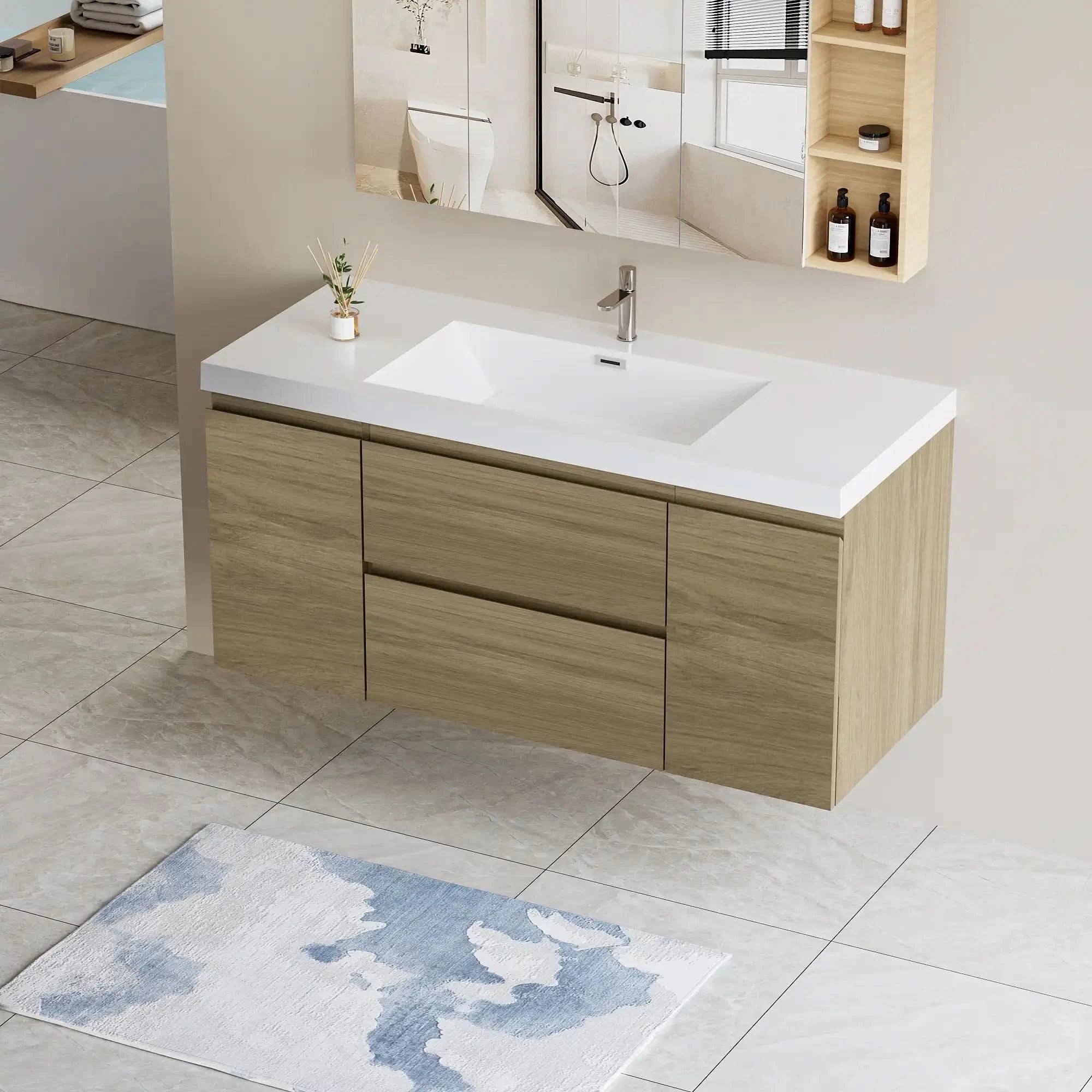 47/59&quot; Modern Floating Bathroom Vanity with Resin Top Basin color: Oak | sink: single