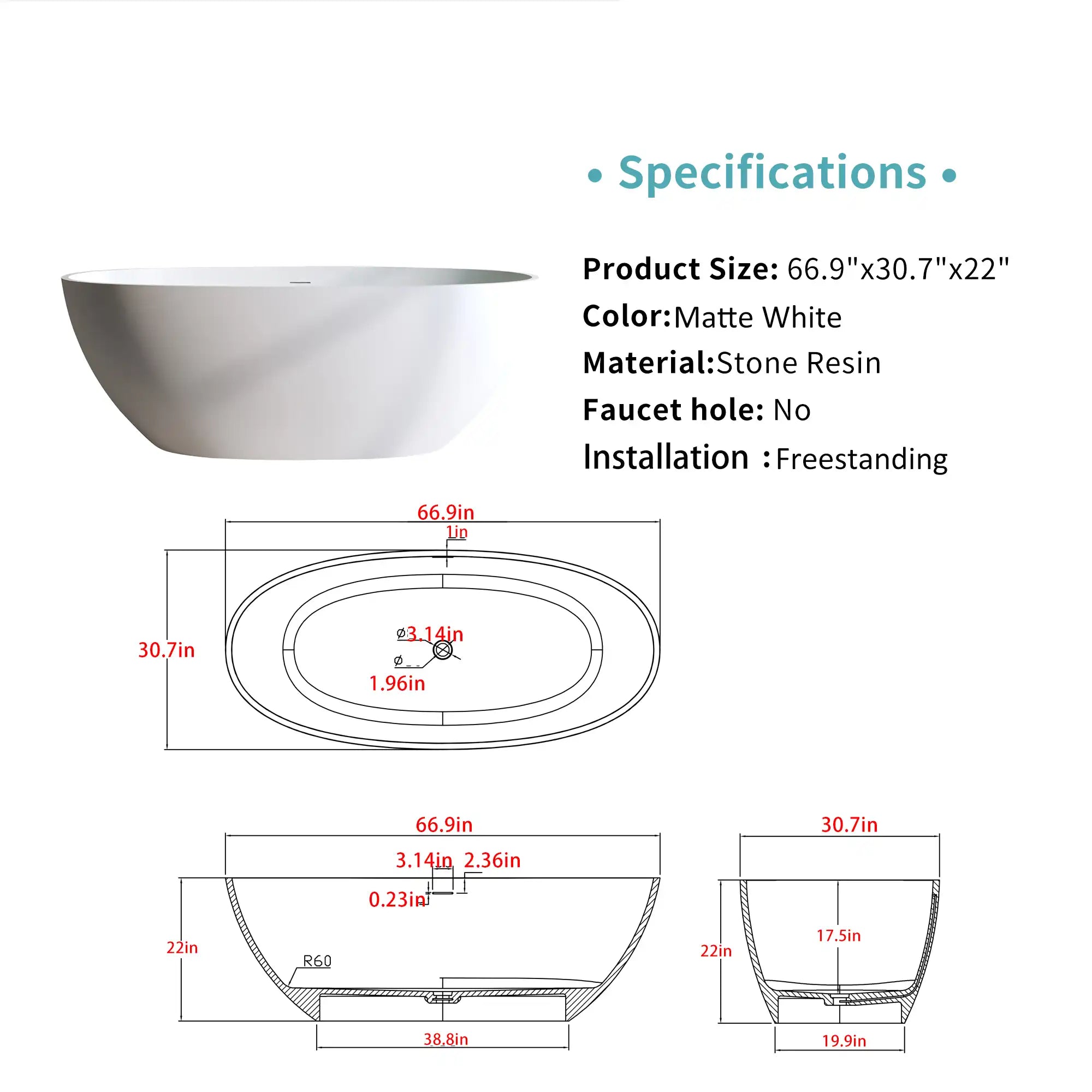 ACE DECOR freestanding bathtub Solid Surface Bathtub specifications and dimensions, matte white stone resin.