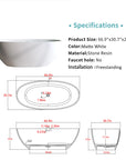 ACE DECOR freestanding bathtub Solid Surface Bathtub specifications and dimensions, matte white stone resin.