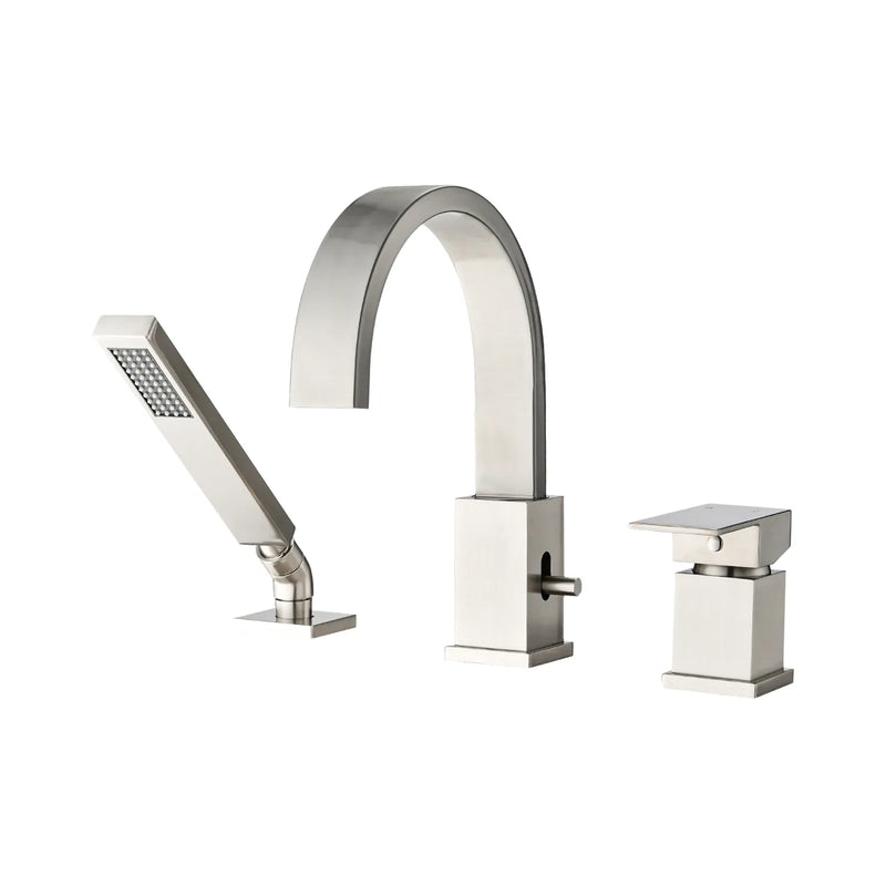 FLUNIX Brushed Nickel Brass Waterfall Roman Deck Mounted Tub Faucet Set with Hand Shower