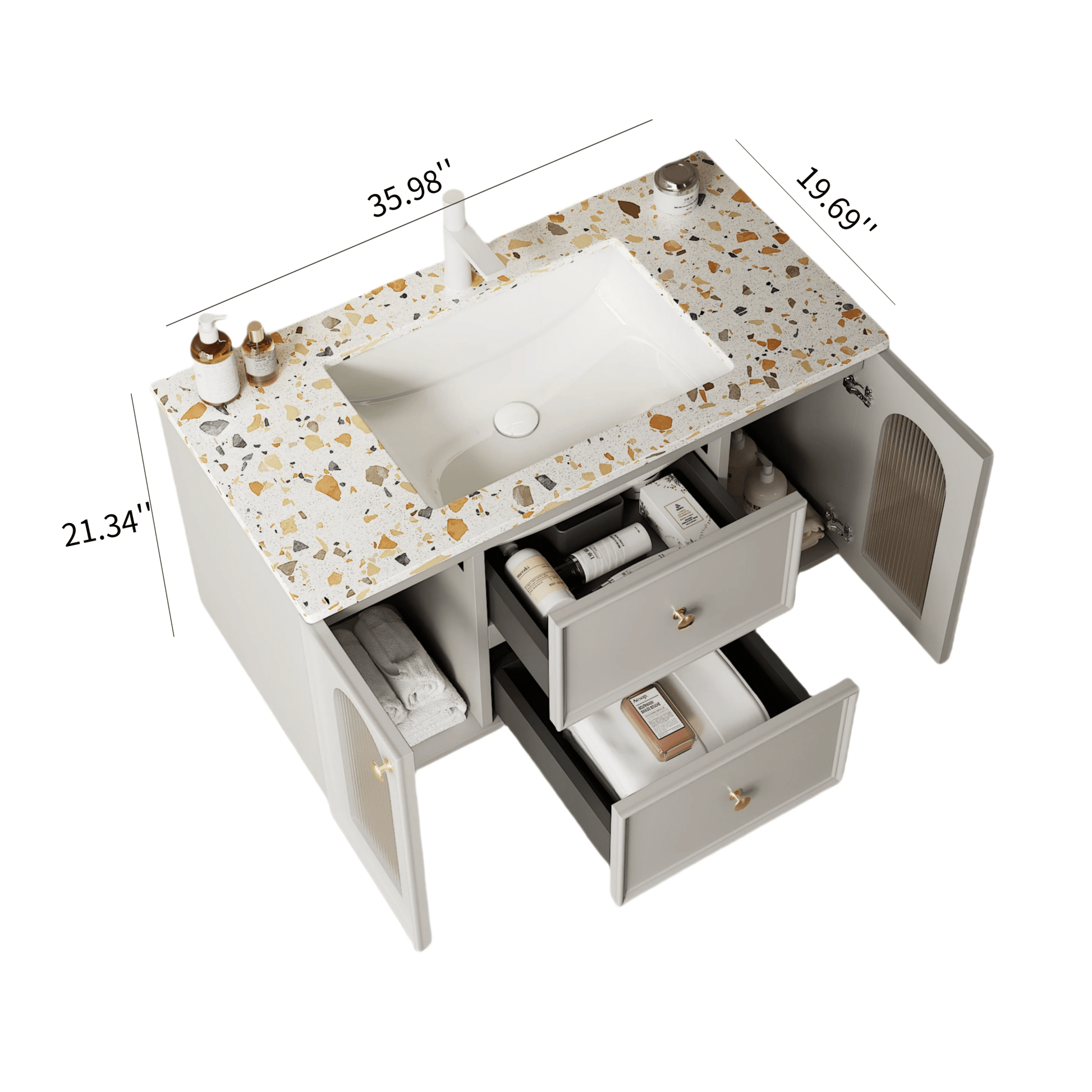 36/47" x 20" x 21" Modern Wall-Mounted Bathroom Vanity with Terrazzo Top and Ceramic Sink color: Matte White+Grayish