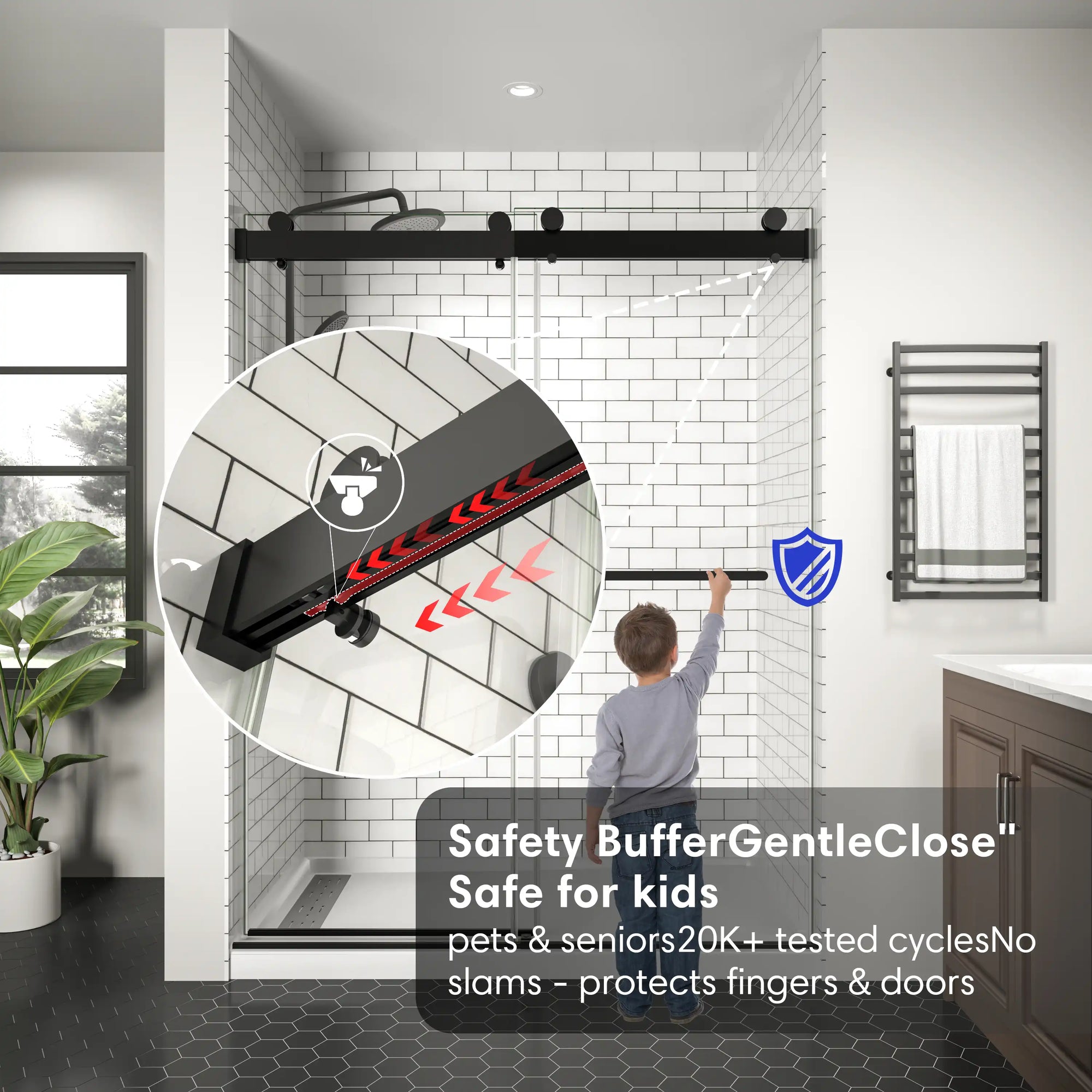 Soft-close feature on 60 x 76 matte black sliding shower door | Ace Decor