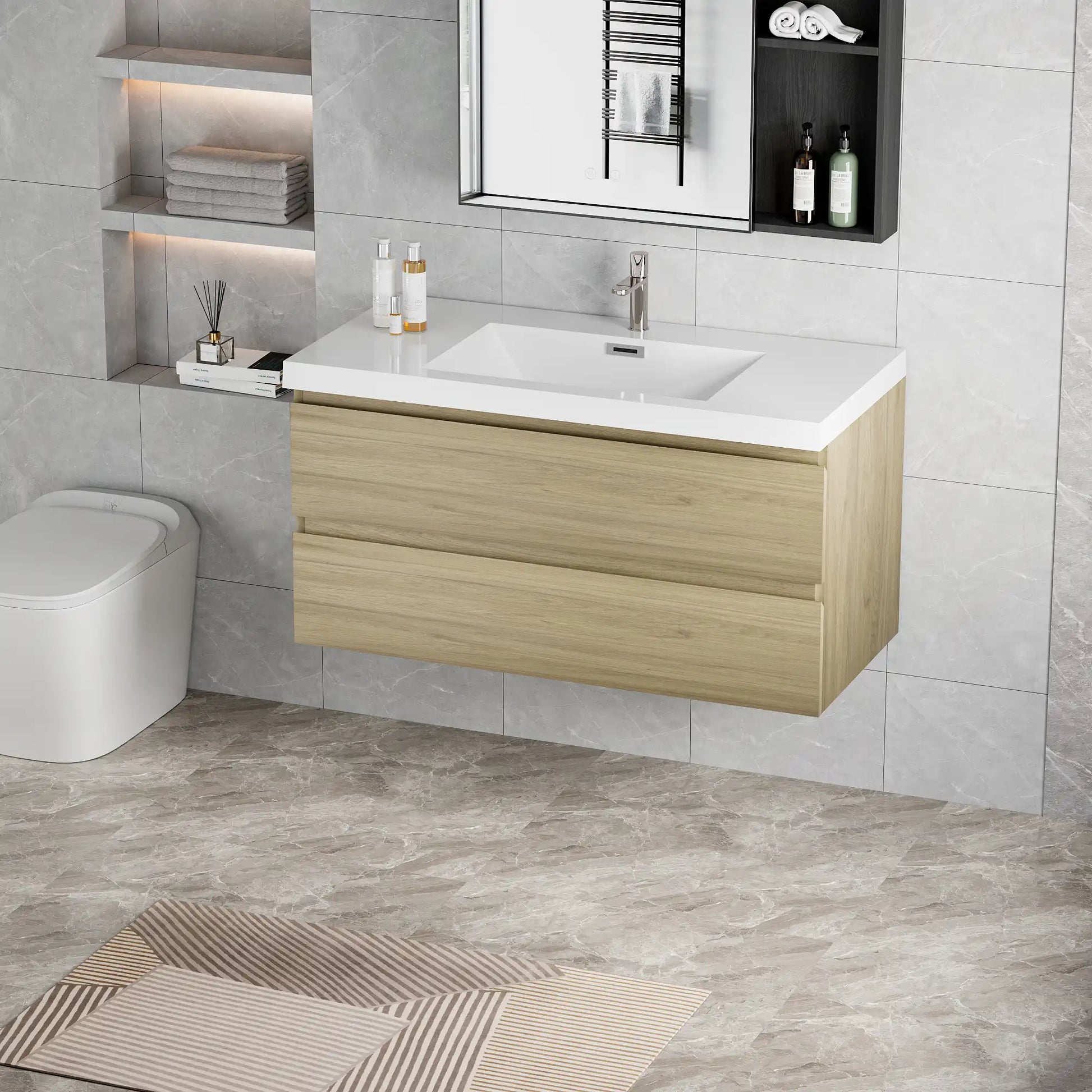 Floating Bathroom Vanity with Resin Top Basin & Soft Close Drawers - Modern Wall-Mounted Storage Cabinet color: Oak