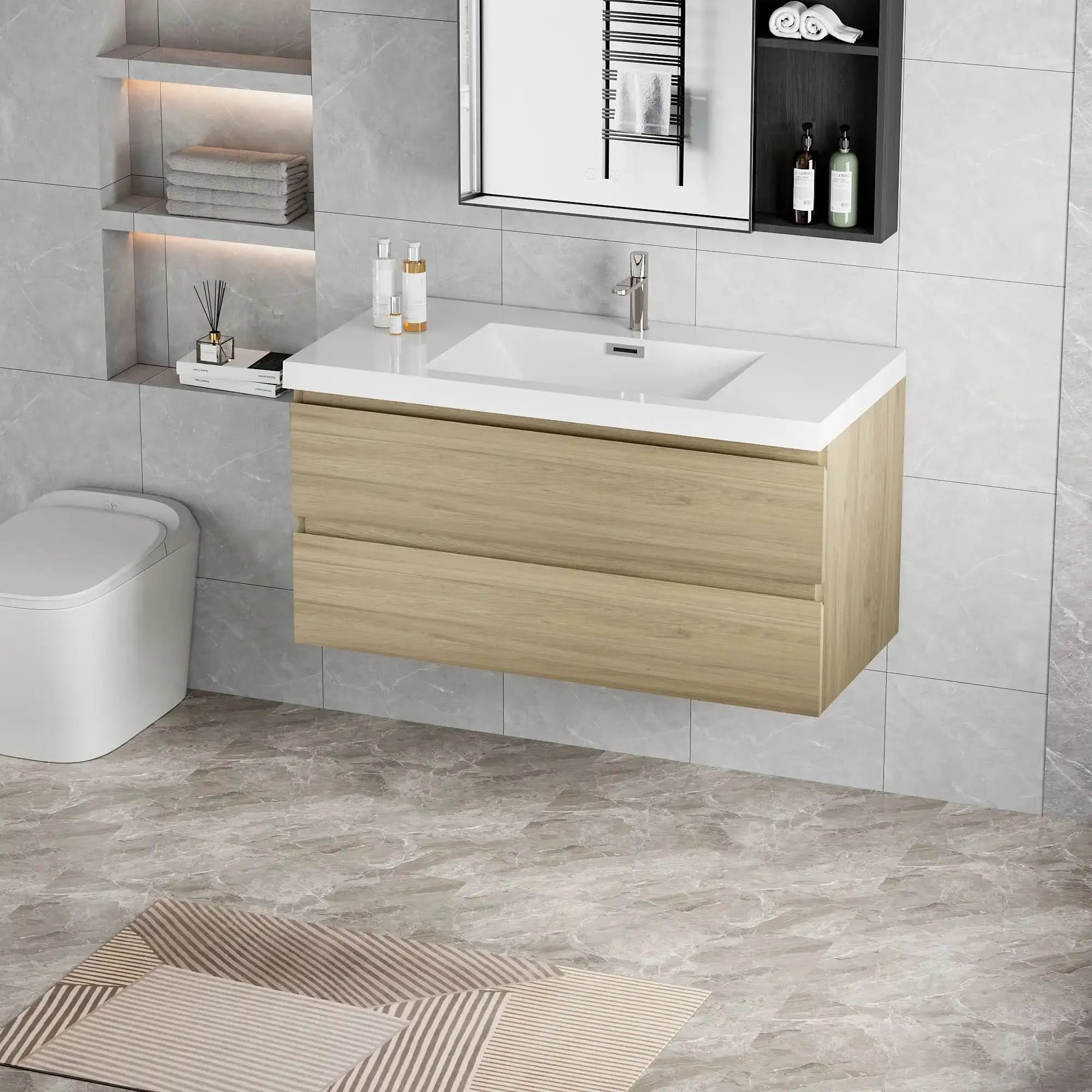 Floating Bathroom Vanity with Resin Top Basin &amp; Soft Close Drawers - Modern Wall-Mounted Storage Cabinet color: Oak