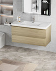 Floating Bathroom Vanity with Resin Top Basin & Soft Close Drawers - Modern Wall-Mounted Storage Cabinet color: Oak