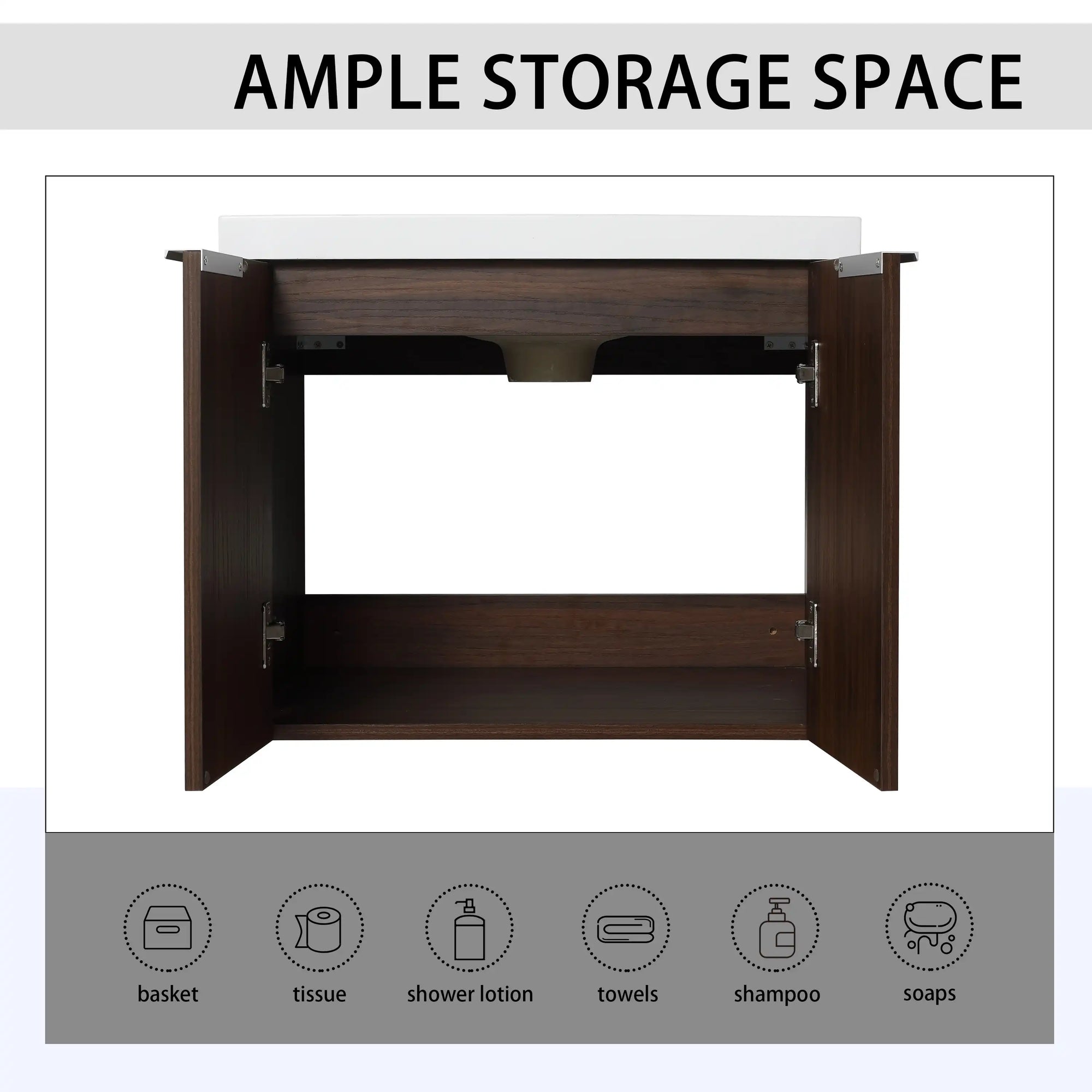24" bathroom vanity walnut interior storage space with double-door cabinet | Ace Decor
