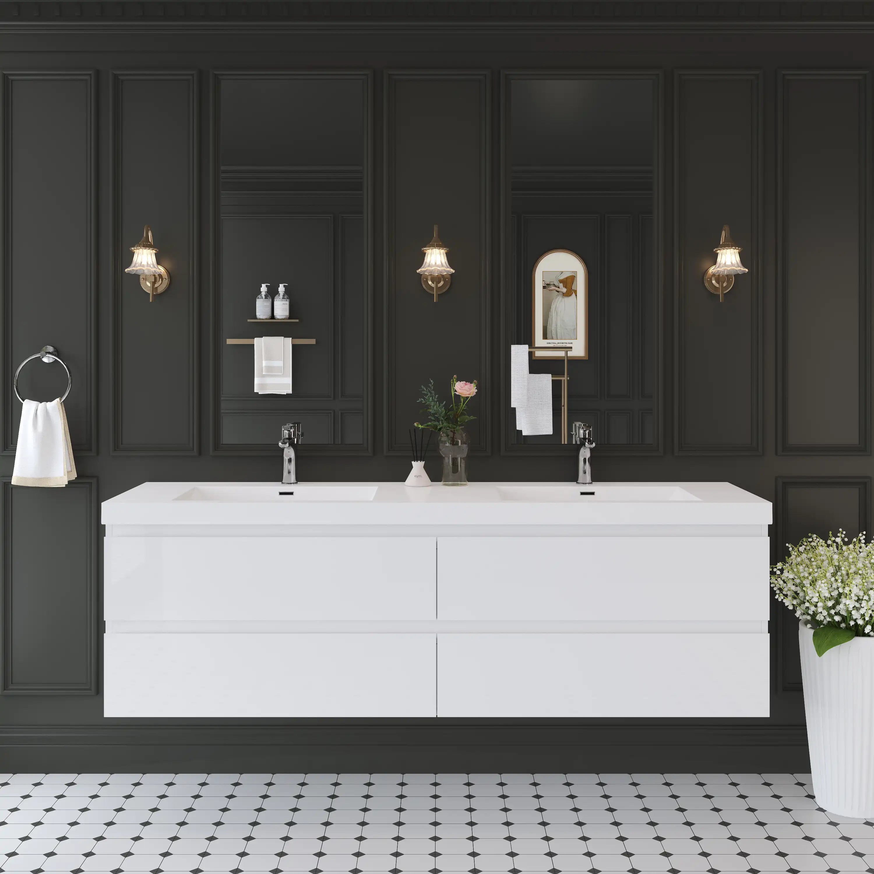 72 inch white bathroom vanity installed in modern black bathroom featuring double sinks.