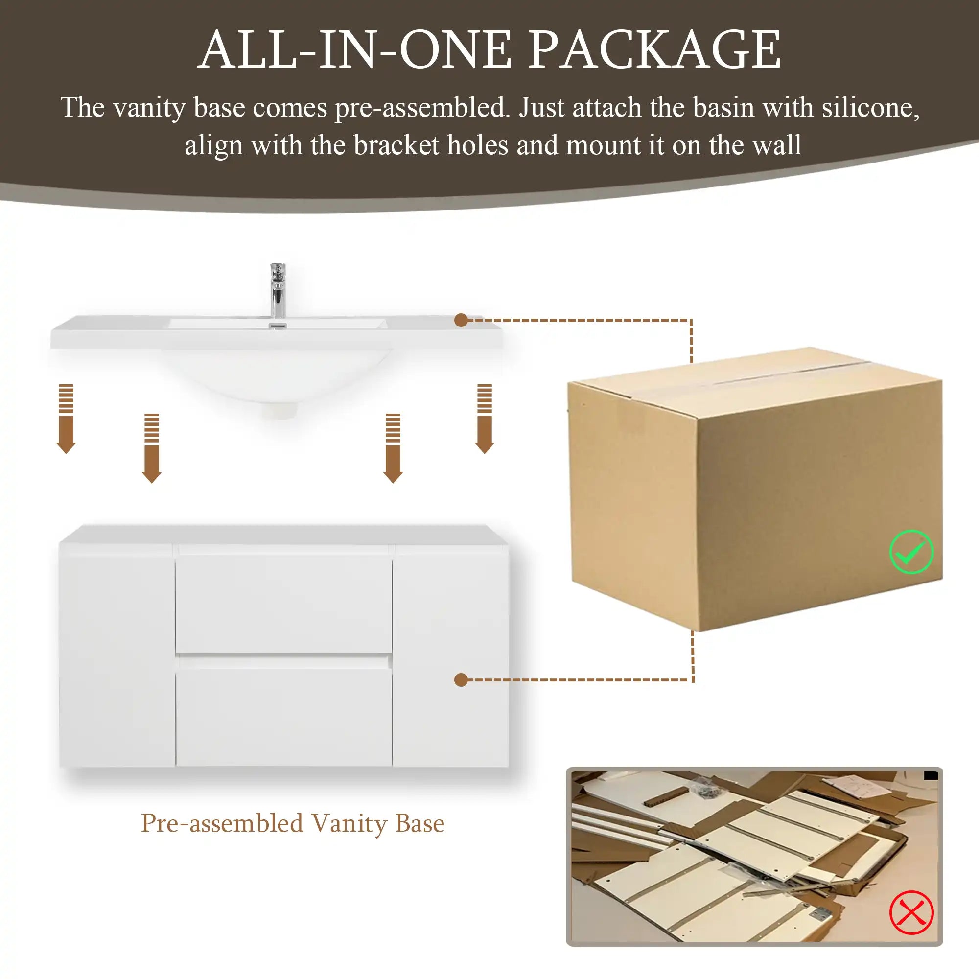 48 inch white floating bathroom vanity pre-assembled base for easy wall-mounted installation | Ace Decor