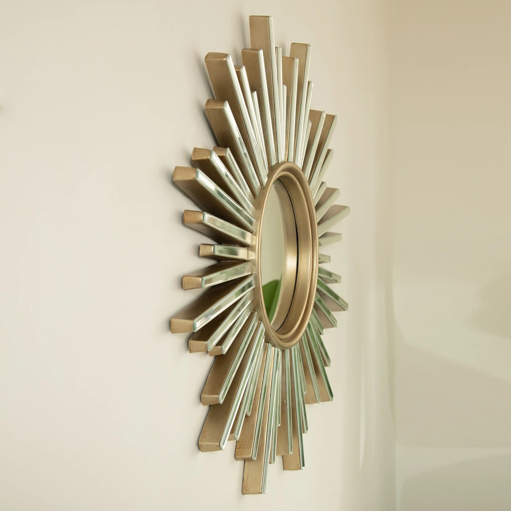 Side view of a 33&quot; modern large wall mirror with layered sunburst beveled frame | Ace Decor