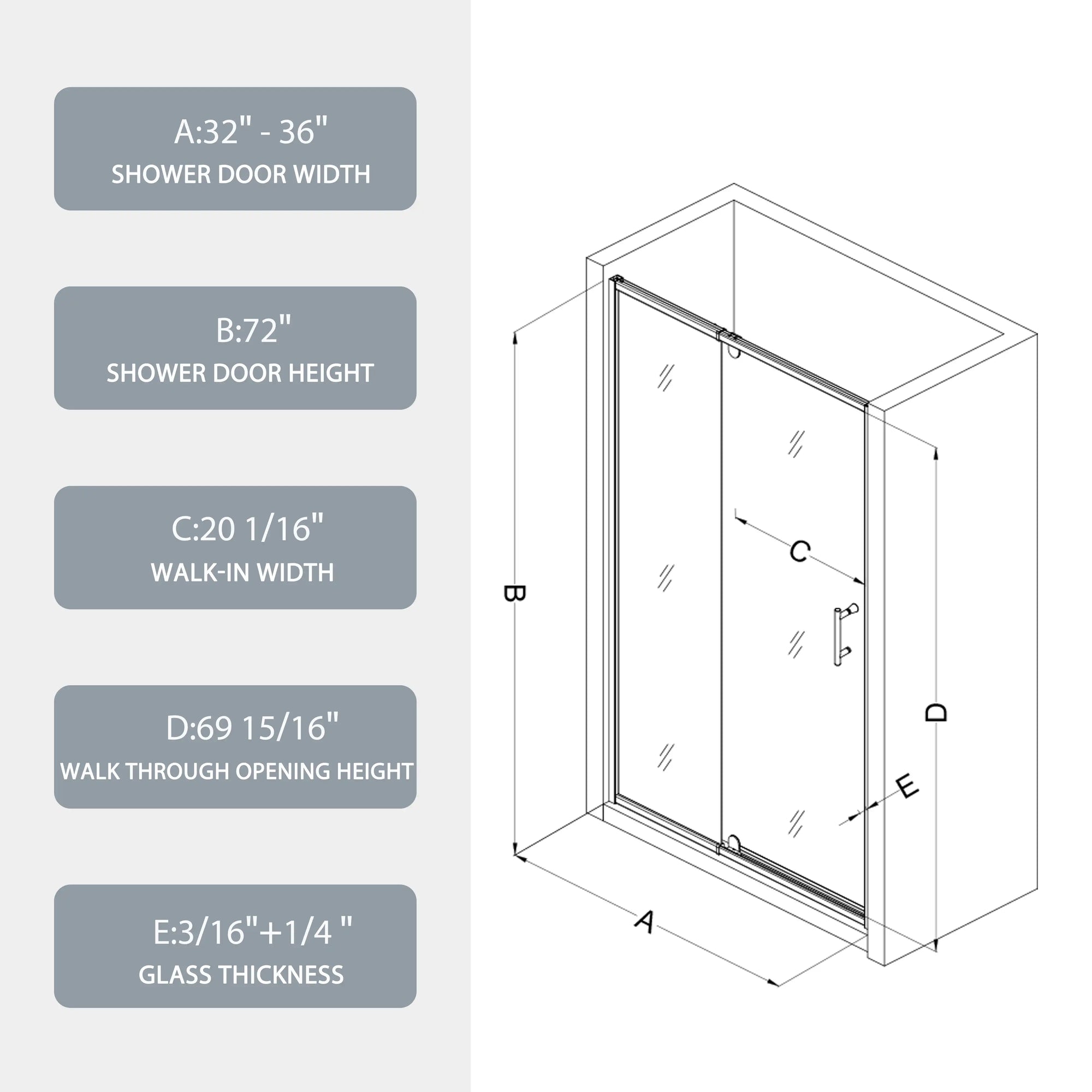 36‘’ x 72&#39;&#39; Black Framed Pivot Shower Door – Easy Access &amp; Watertight Seal