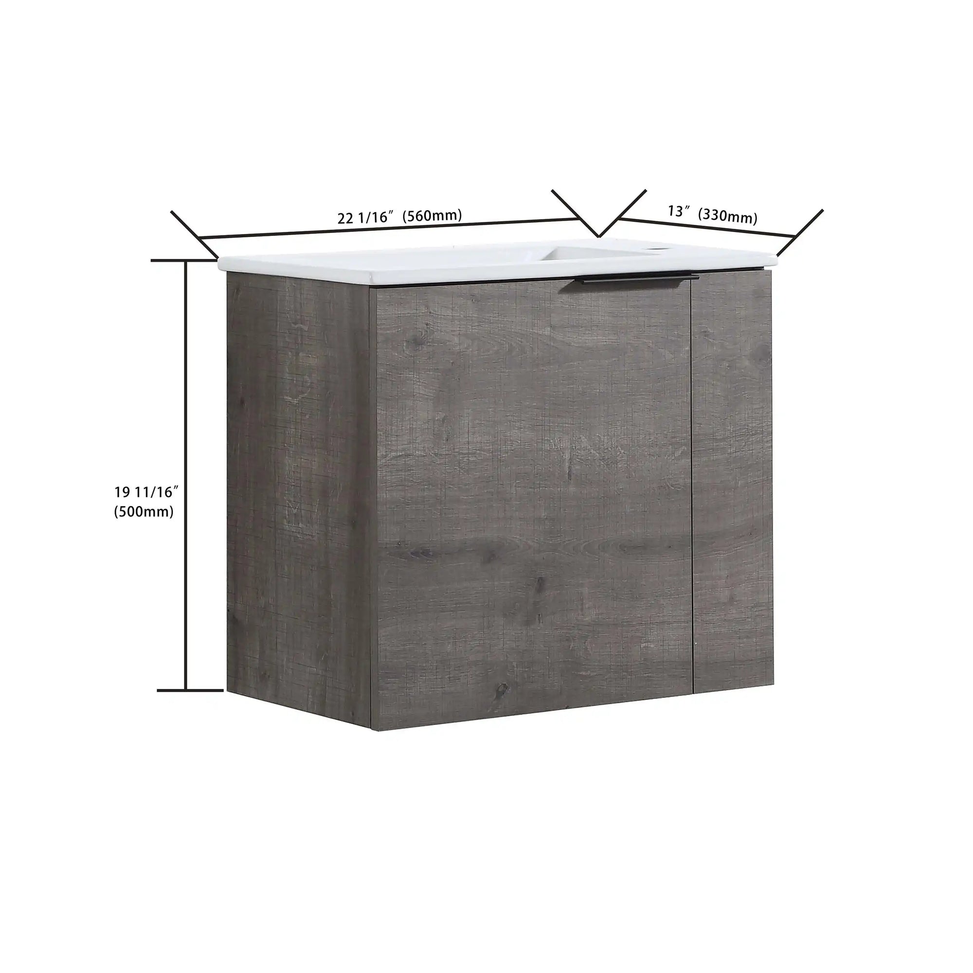 22" floating bathroom vanity sink with size dimensions showing compact wall-mounted design | Ace Decor