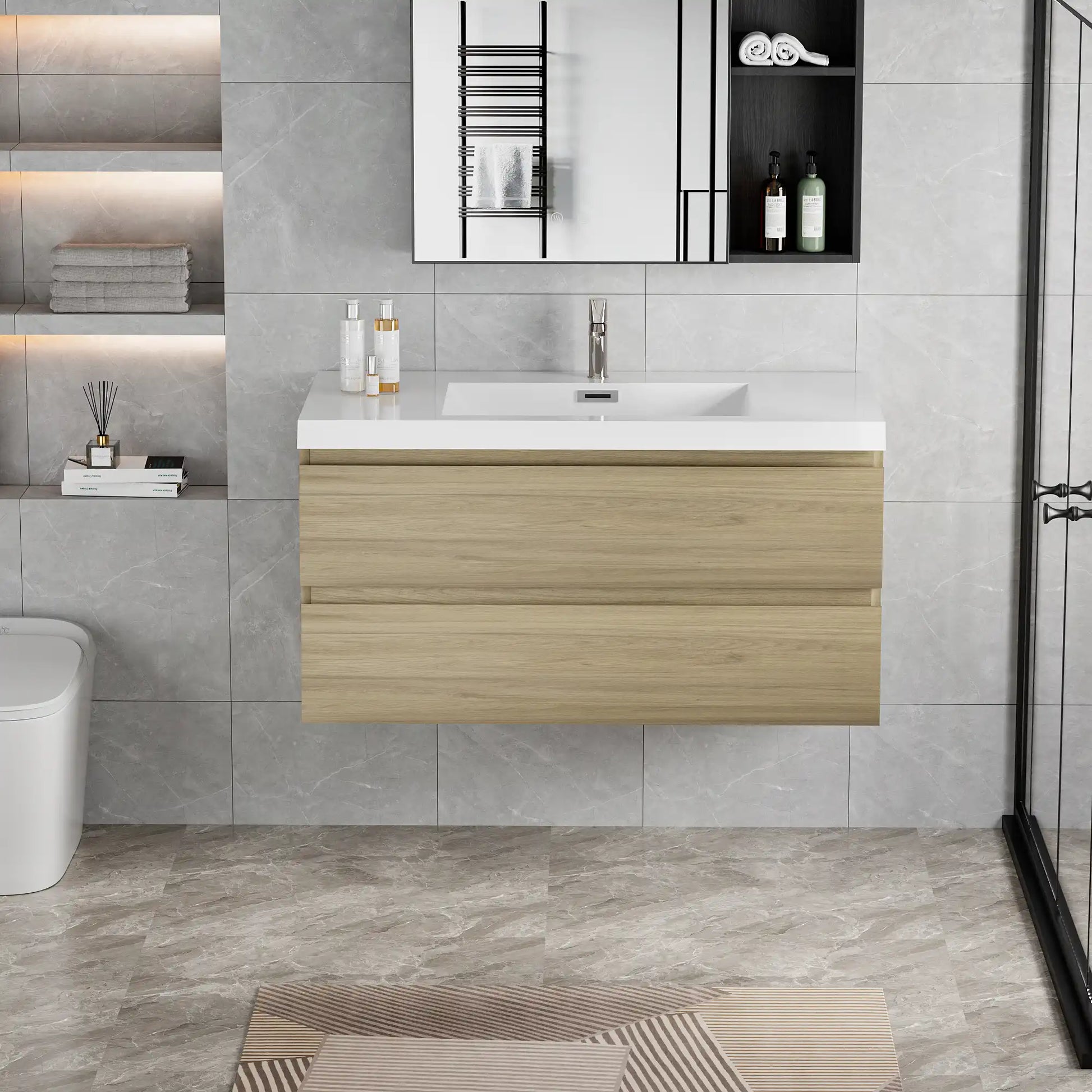 Floating Bathroom Vanity with Resin Top Basin & Soft Close Drawers - Modern Wall-Mounted Storage Cabinet color: Oak