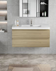 Floating Bathroom Vanity with Resin Top Basin & Soft Close Drawers - Modern Wall-Mounted Storage Cabinet color: Oak