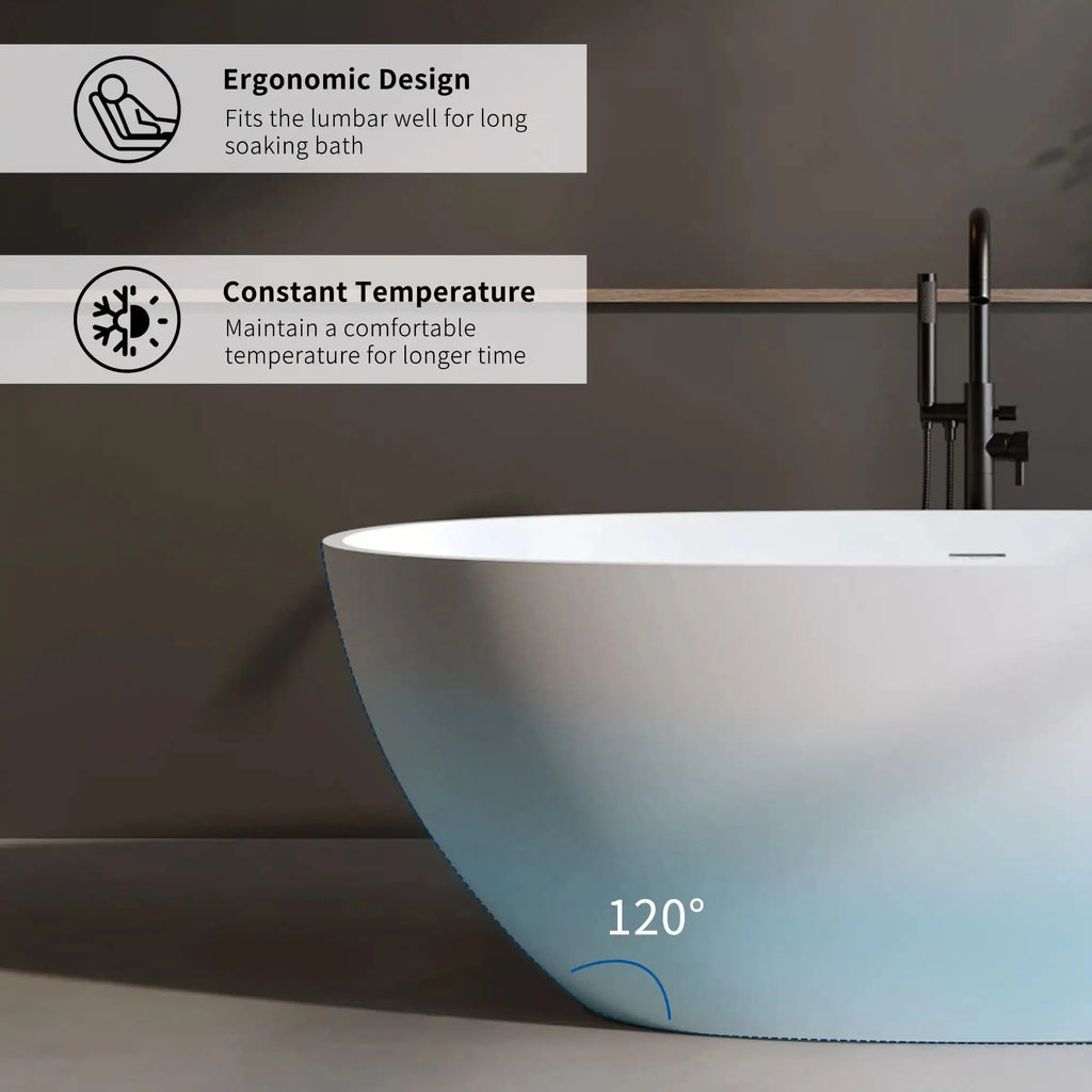 Abyss Series curved soaking tub highlighting ergonomic design, 120-degree lumbar support, and constant temperature feature.