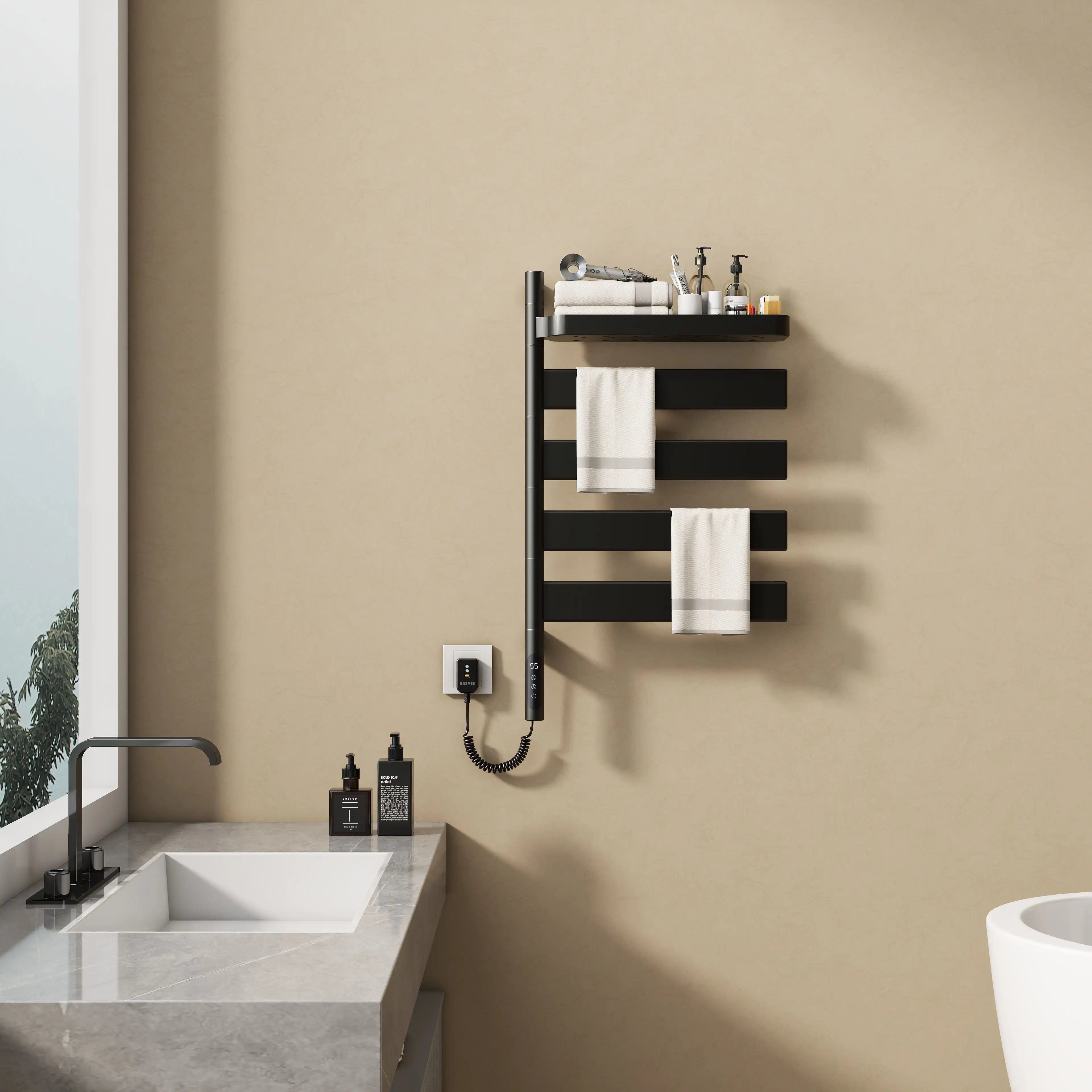 Wall mounted electric towel warmer 18 x 30 with shelf and towels.