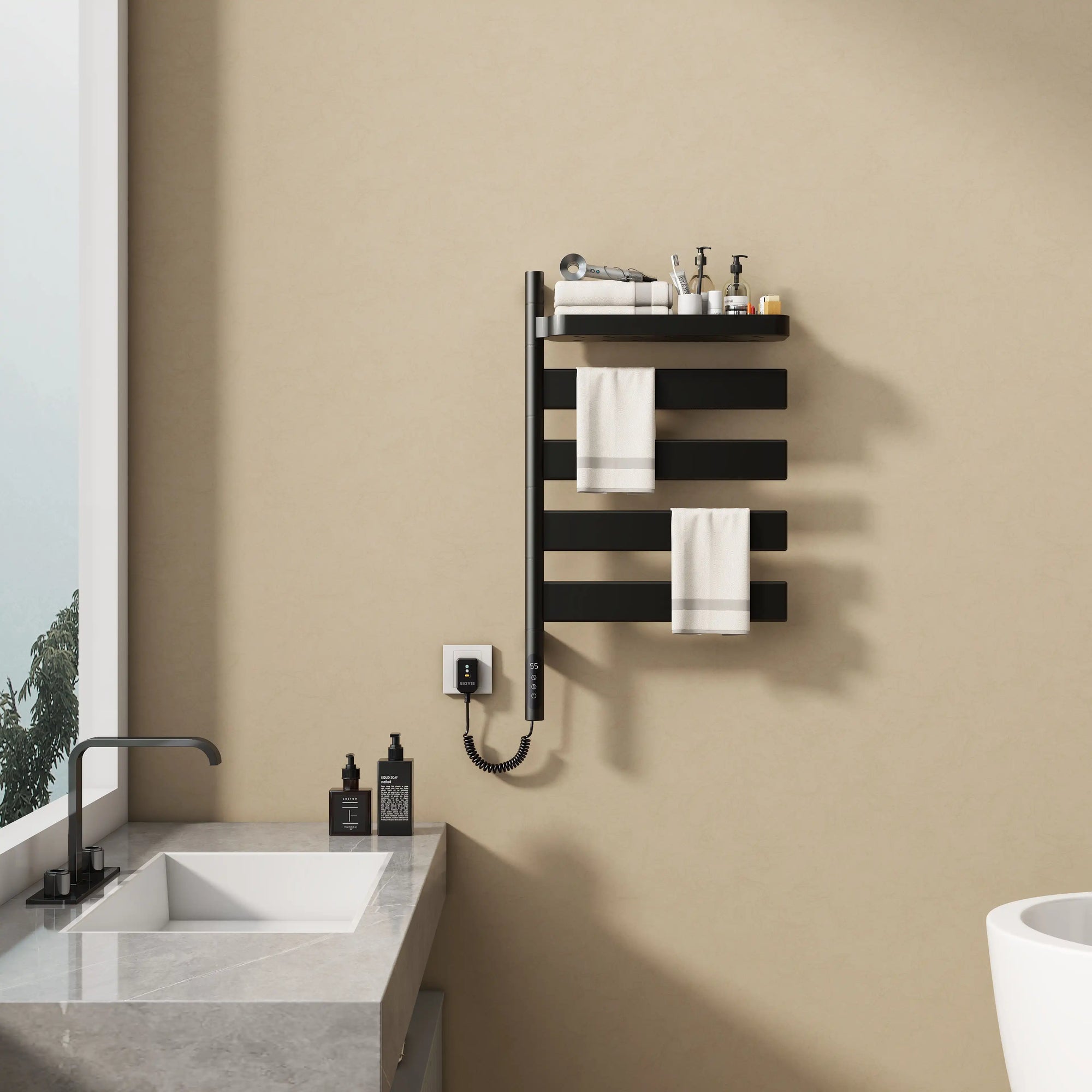 wall mounted electric towel warmer 18 x 30 with shelf and towels | Ace Decor