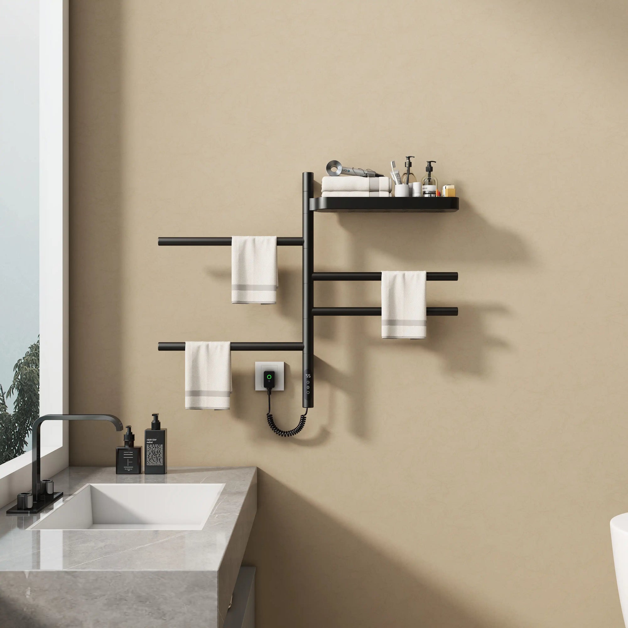 best heated towel rack 18 x 27 with rotating bars and upper storage shelf for dry and wet towels | Ace Decor