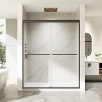 Front view of framed shower door with sleek black shower frame in modern bathroom design.
