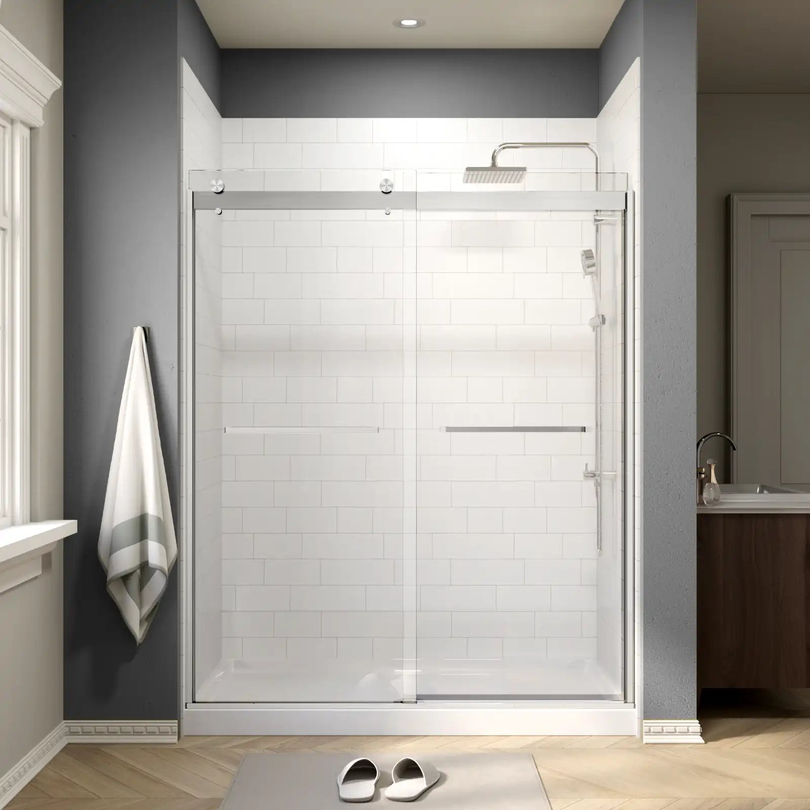 A clean and contemporary bathroom featuring a brushed nickel glass shower sliding door with sleek hardware and classic white subway tiles. | ACE DECOR