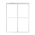 60 x 70 chrome framed bypass shower door with minimalist design and sleek stainless steel handles.