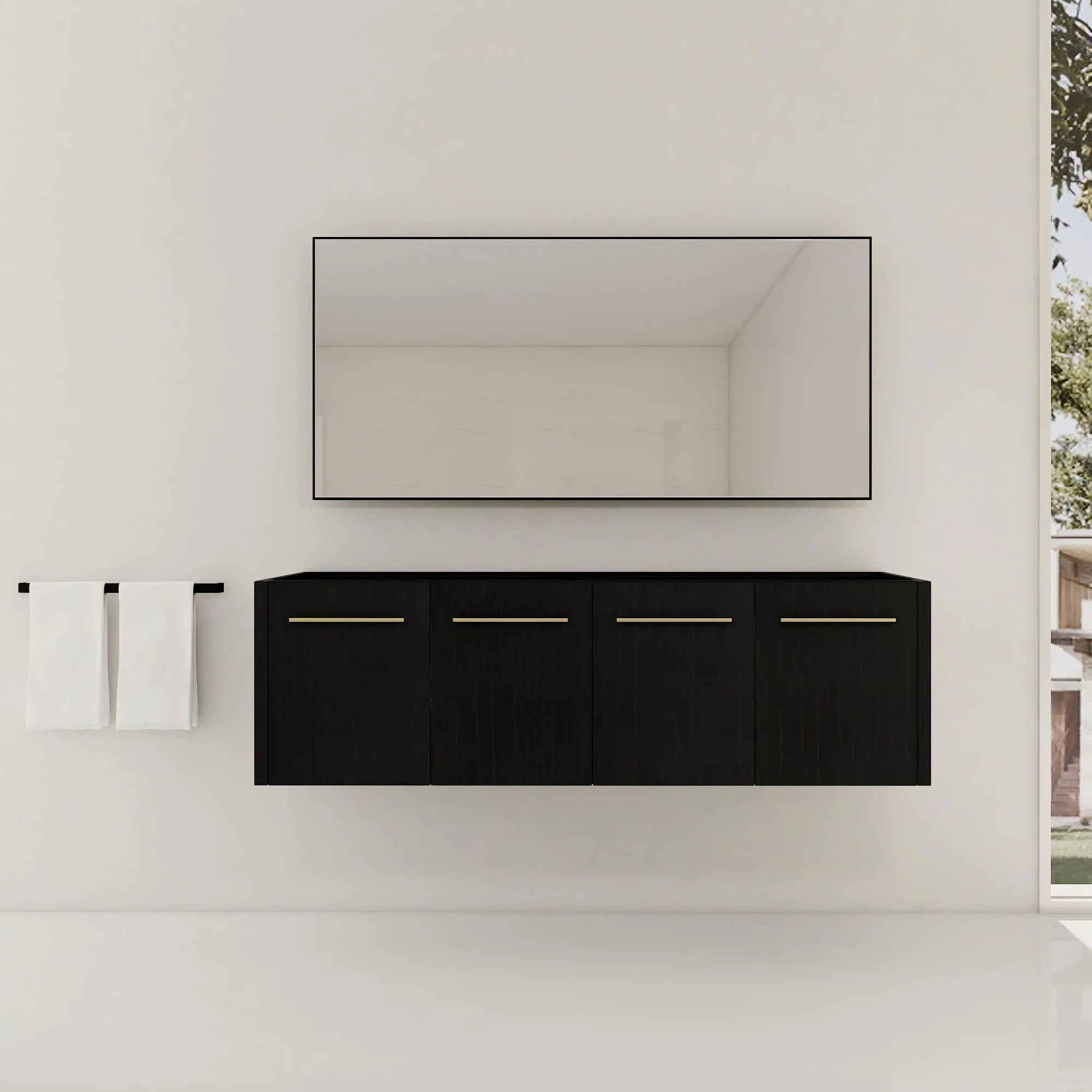 60" vanity without sink black chestnut floating cabinet with four-door storage and minimalist bathroom style | Ace Decor