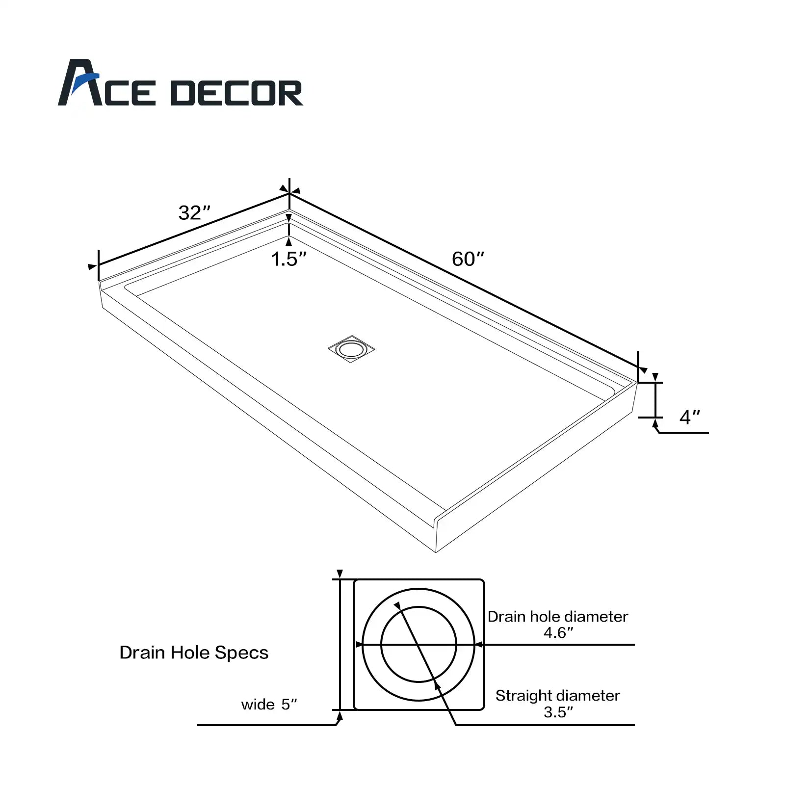 60&quot; x 32&quot; Non-Slip White One Piece Shower Base - Center Drain, Ready for Tile &amp; Easy Fit