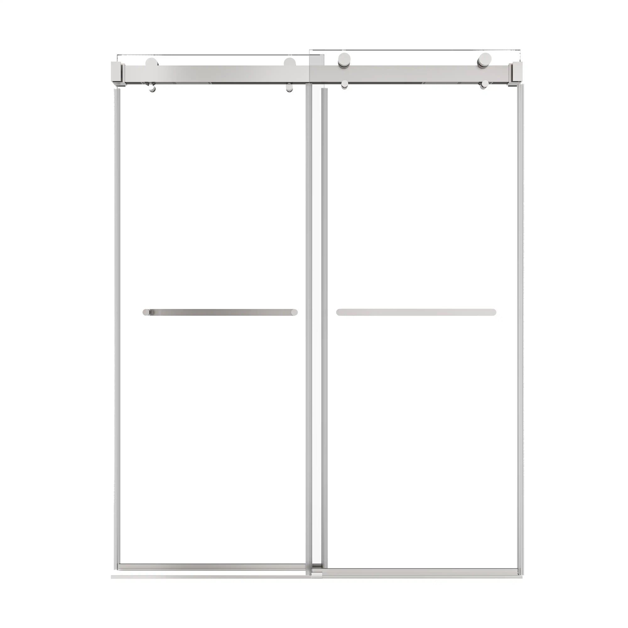 60 x 76 chrome double sliding frameless shower door with sleek modern design and dual towel bar handles | Ace Decor