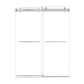 60 x 76 brushed nickel sliding frameless shower door with dual glass panels and modern towel bar handles | Ace Decor