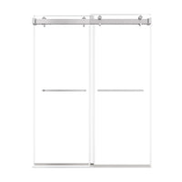 60 x 76 brushed nickel sliding frameless shower door with dual glass panels and modern towel bar handles | Ace Decor