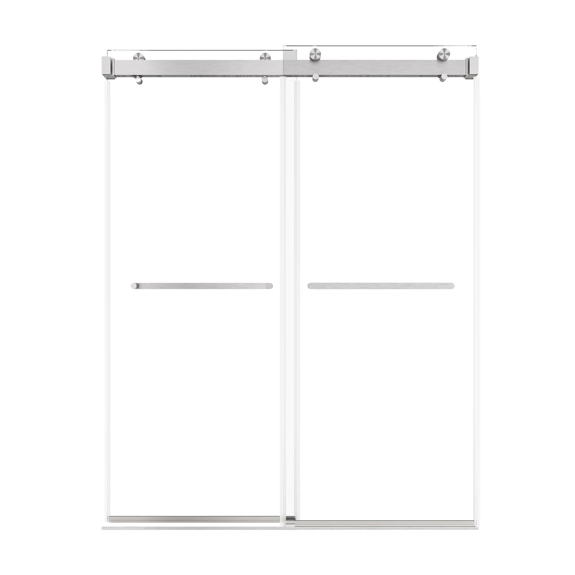 60 x 76 brushed nickel sliding frameless shower door with dual glass panels and modern towel bar handles | Ace Decor