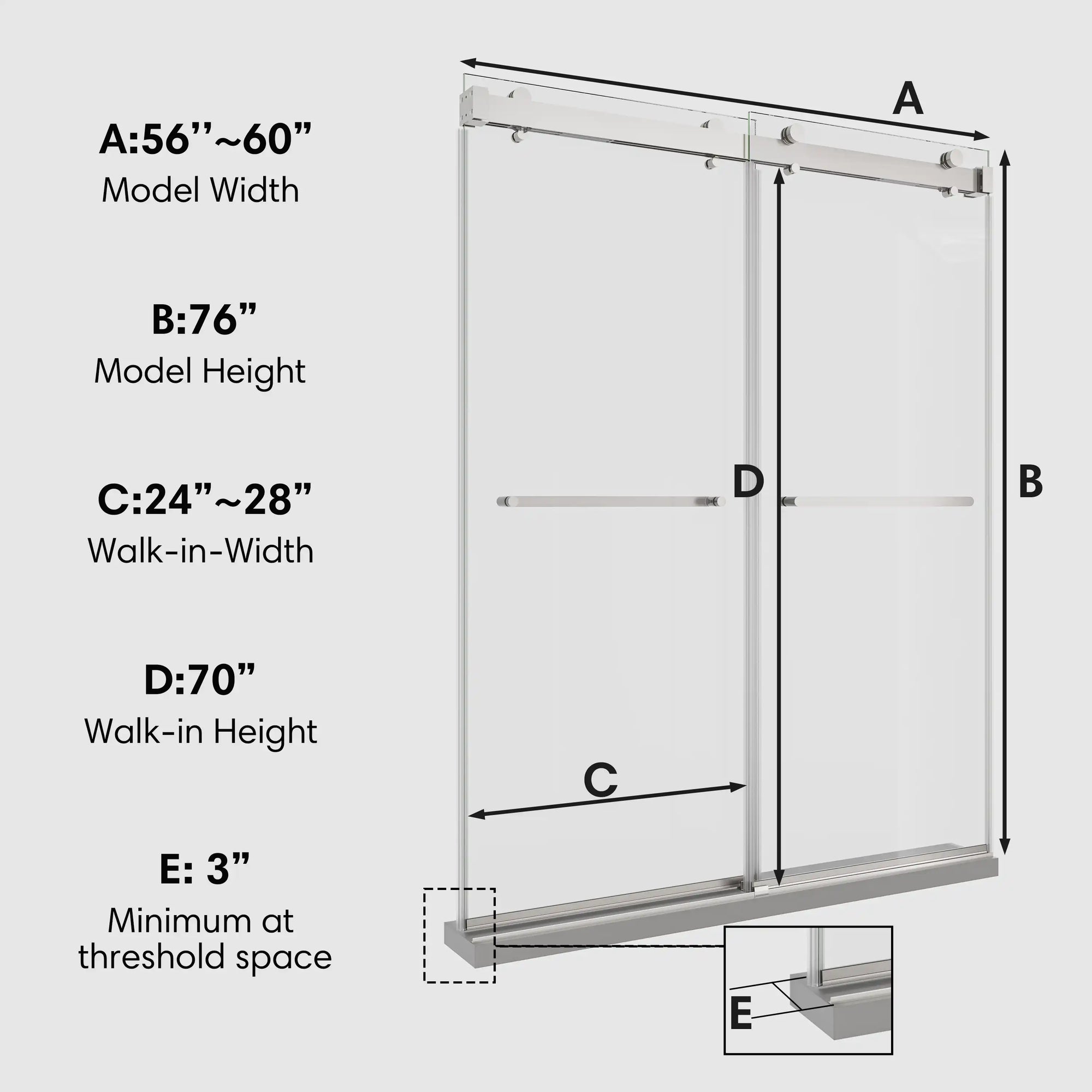 Dimension diagram of 60 x 76 chrome double sliding frameless shower door showing width, height, and walk-in measurements for installation reference | Ace Decor