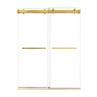60 x 76 sliding shower door frameless with brushed gold finish and dual towel bars | Ace Decor
