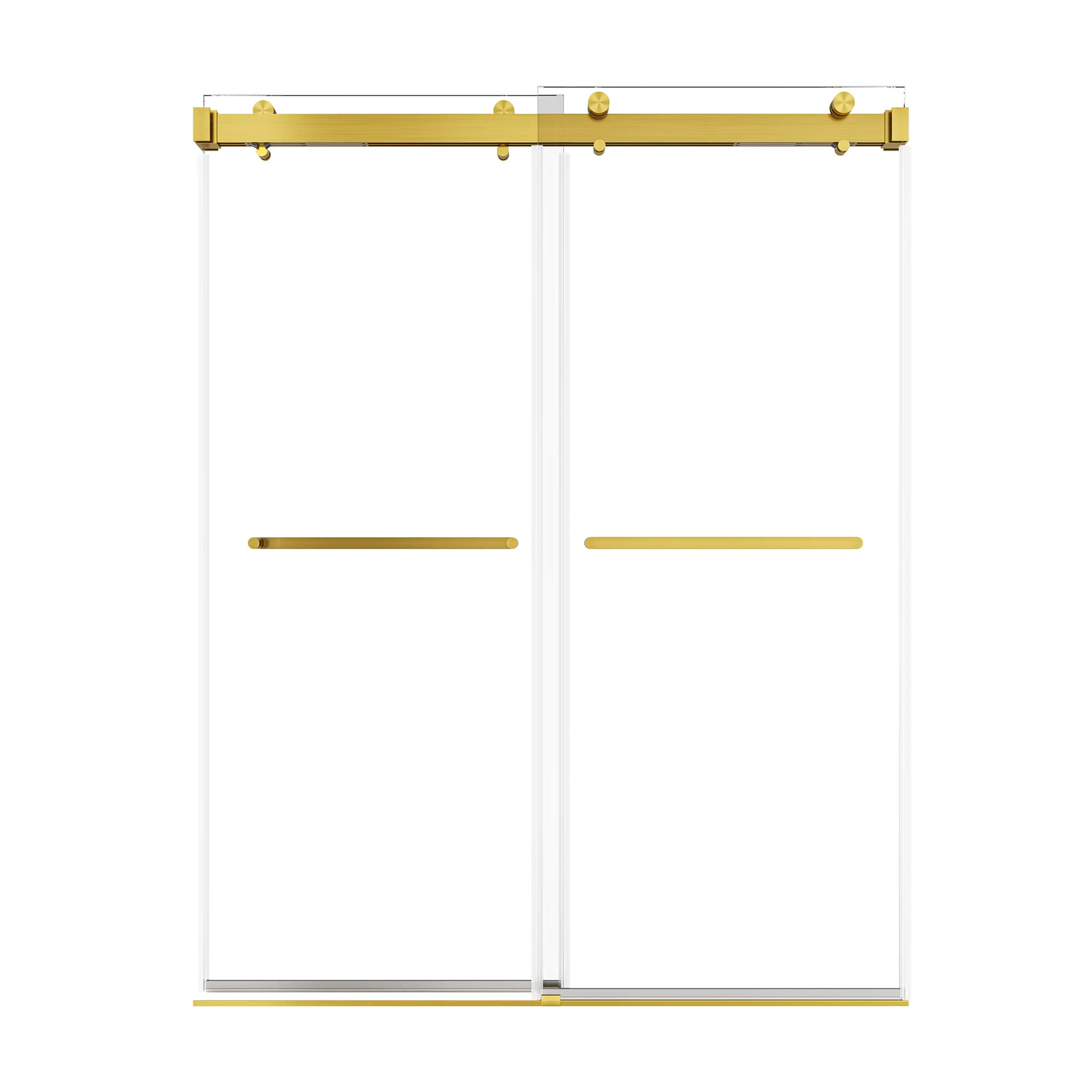 60 x 76 sliding shower door frameless with brushed gold finish and dual towel bars | Ace Decor