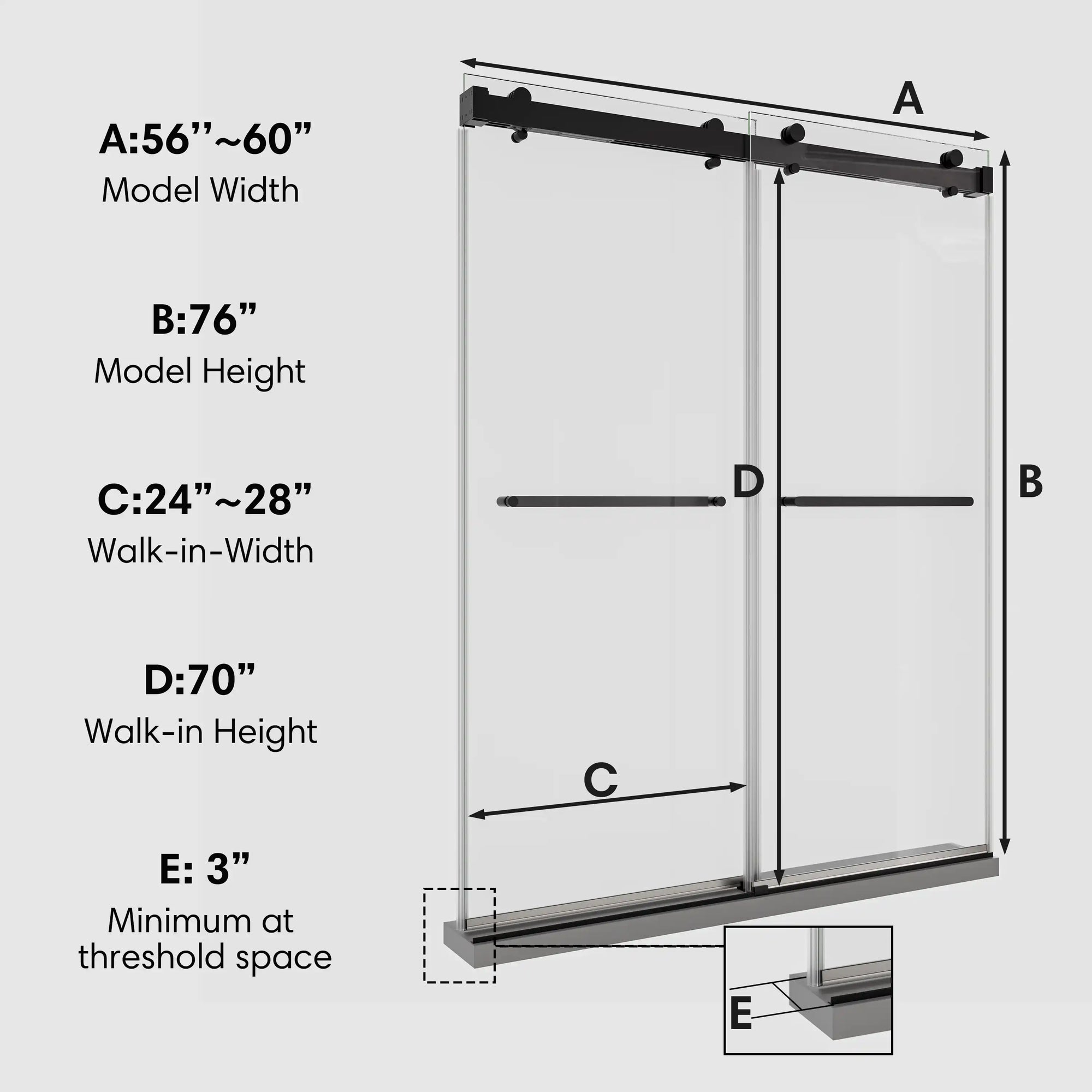 Dimension diagram of 60 x 76 dual sliding shower doors showing width, height, and walk-in measurements for installation reference | Ace Decor