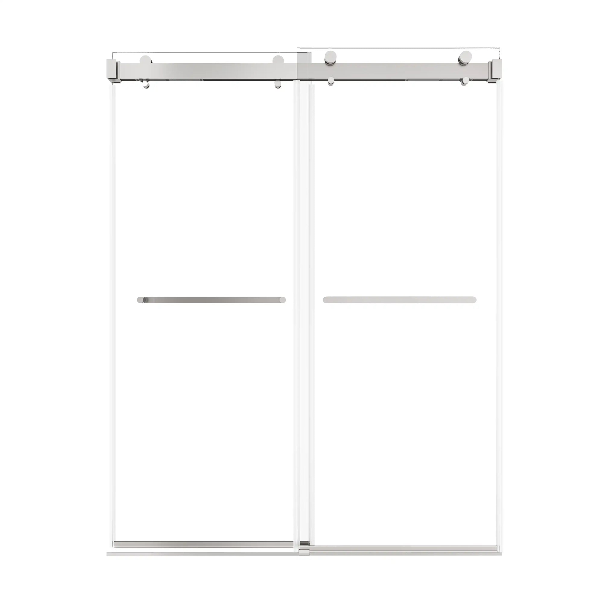 60 x 76 chrome double sliding frameless shower door with sleek modern design and dual towel bar handles | Ace Decor